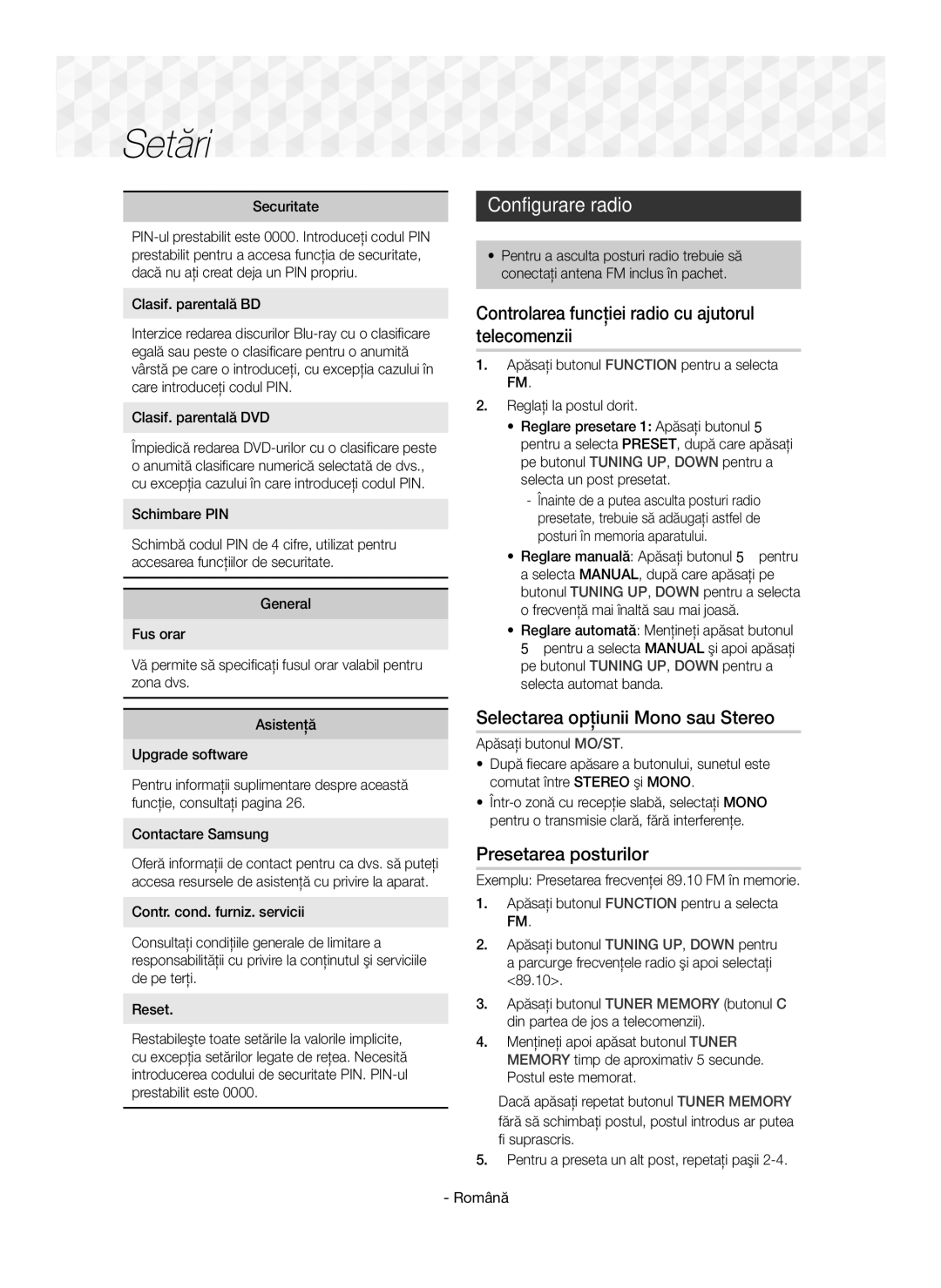 Samsung HT-J5500/EN manual Configurare radio, Controlarea funcţiei radio cu ajutorul telecomenzii, Presetarea posturilor 