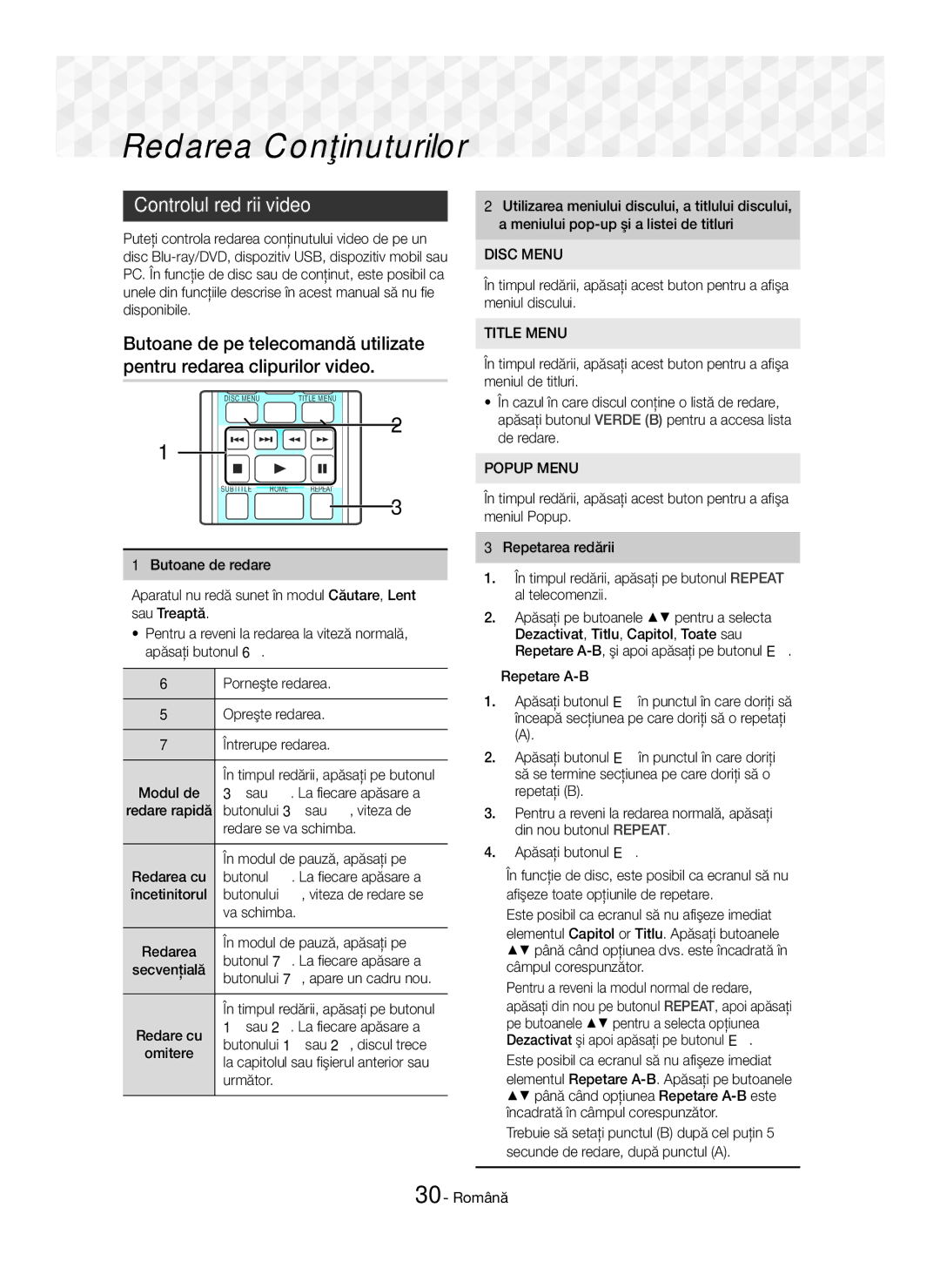 Samsung HT-J5500/EN, HT-J5550W/EN manual Redarea Conţinuturilor, Controlul redării video 