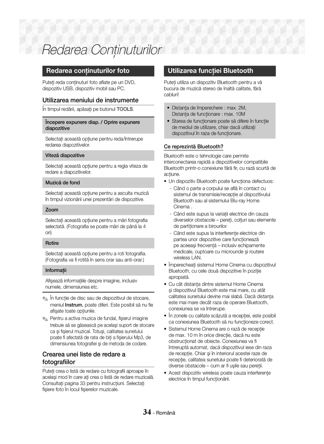 Samsung HT-J5500/EN manual Redarea conţinuturilor foto, Utilizarea meniului de instrumente, Ce reprezintă Bluetooth? 