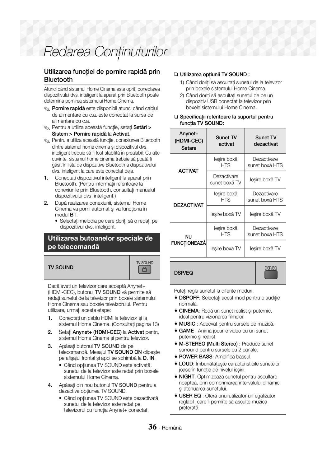 Samsung HT-J5500/EN Utilizarea funcţiei de pornire rapidă prin Bluetooth, Utilizarea butoanelor speciale de Pe telecomandă 