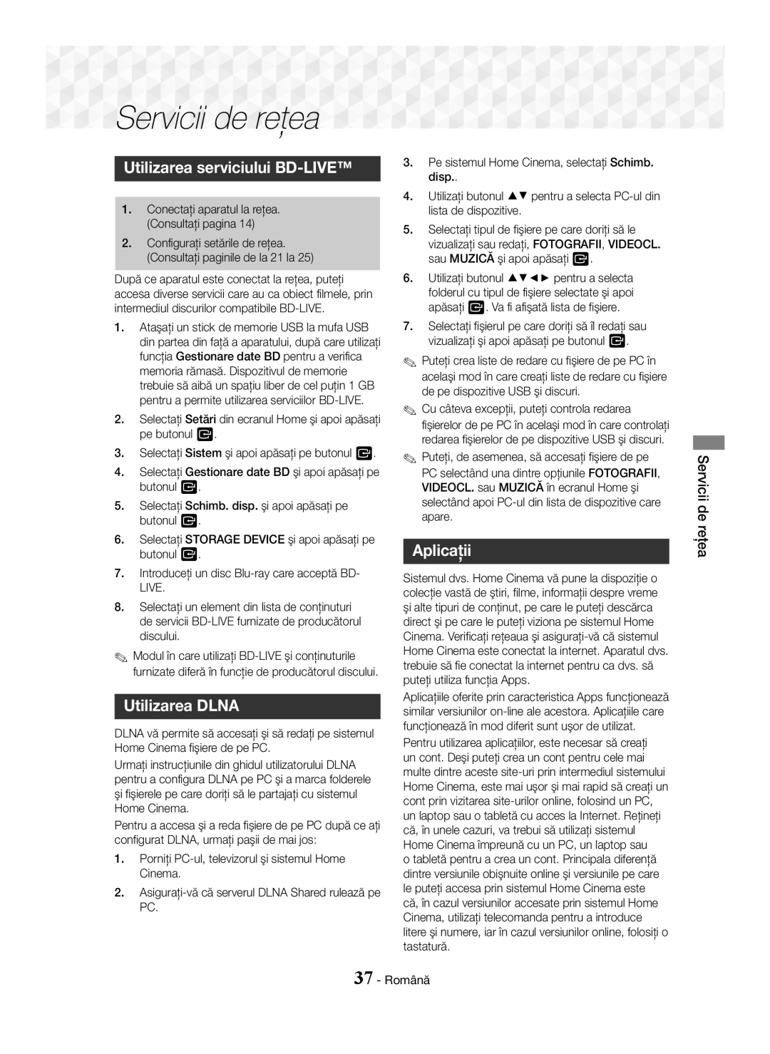 Samsung HT-J5550W/EN, HT-J5500/EN manual Servicii de reţea, Utilizarea serviciului BD-LIVE, Utilizarea Dlna, Aplicaţii 