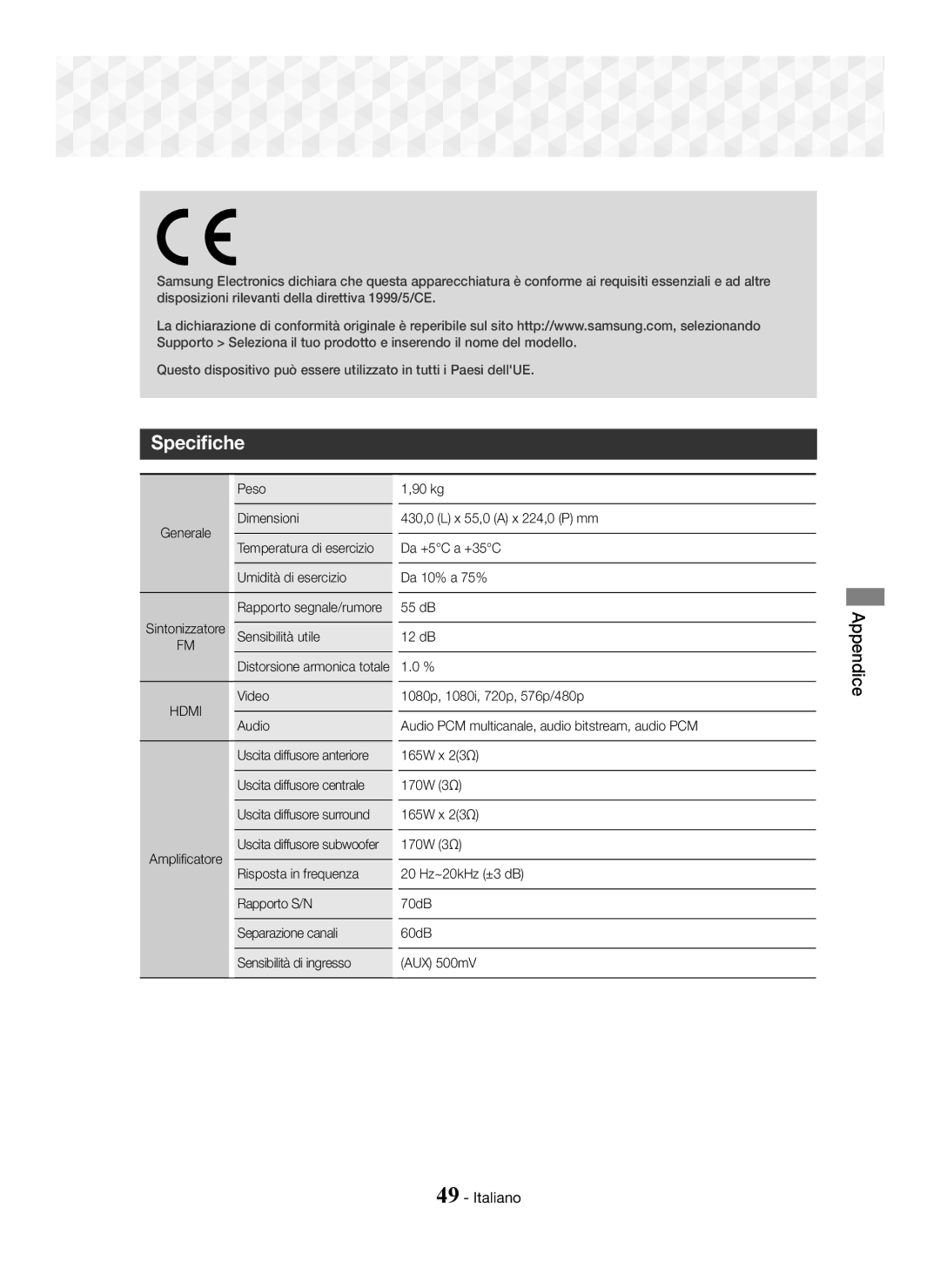 Samsung HT-J5500/ZF, HT-J5550W/EN, HT-J5550W/ZF manual Specifiche 