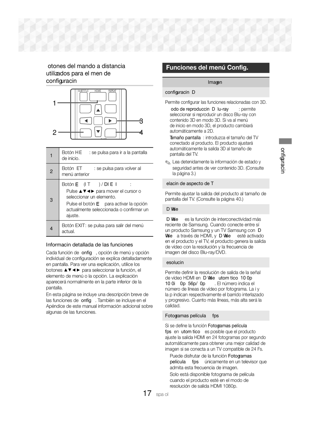 Samsung HT-J5550W/ZF, HT-J5550W/EN, HT-J5500/ZF manual Funciones del menú Config, Información detallada de las funciones 