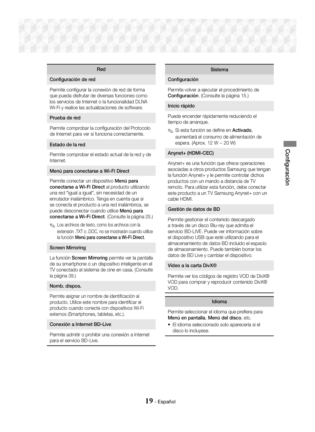 Samsung HT-J5550W/EN, HT-J5550W/ZF, HT-J5500/ZF manual Red Configuración de red, Prueba de red, Gestión de datos de BD 