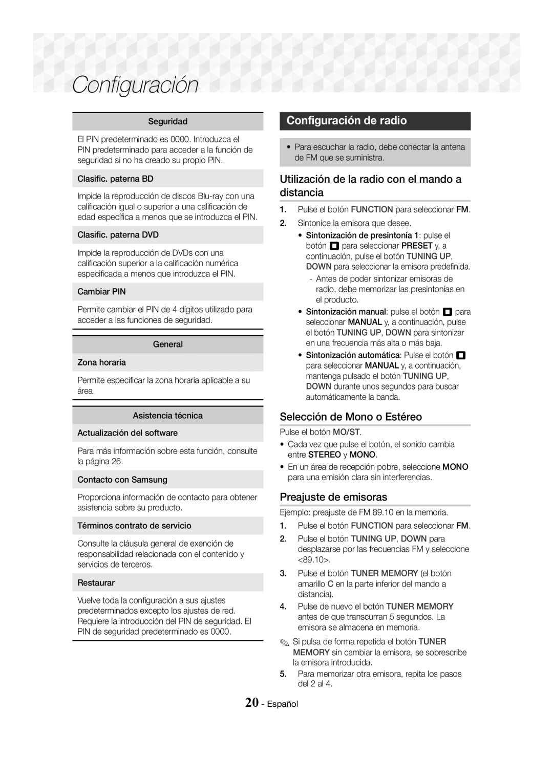 Samsung HT-J5550W/ZF Configuración de radio, Utilización de la radio con el mando a distancia, Selección de Mono o Estéreo 