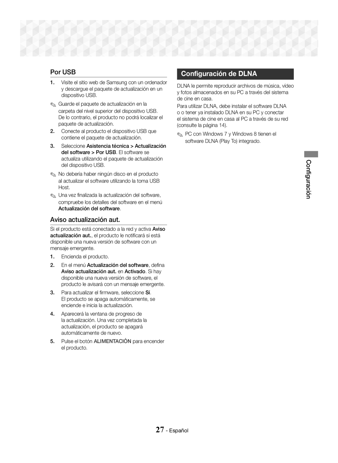 Samsung HT-J5500/ZF, HT-J5550W/EN, HT-J5550W/ZF manual Por USB, Aviso actualización aut, Configuración de Dlna 