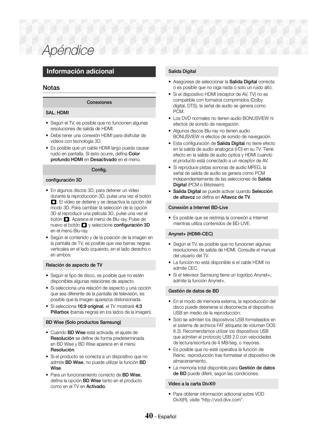 Samsung HT-J5550W/EN, HT-J5550W/ZF, HT-J5500/ZF manual Apéndice, Información adicional, Notas 