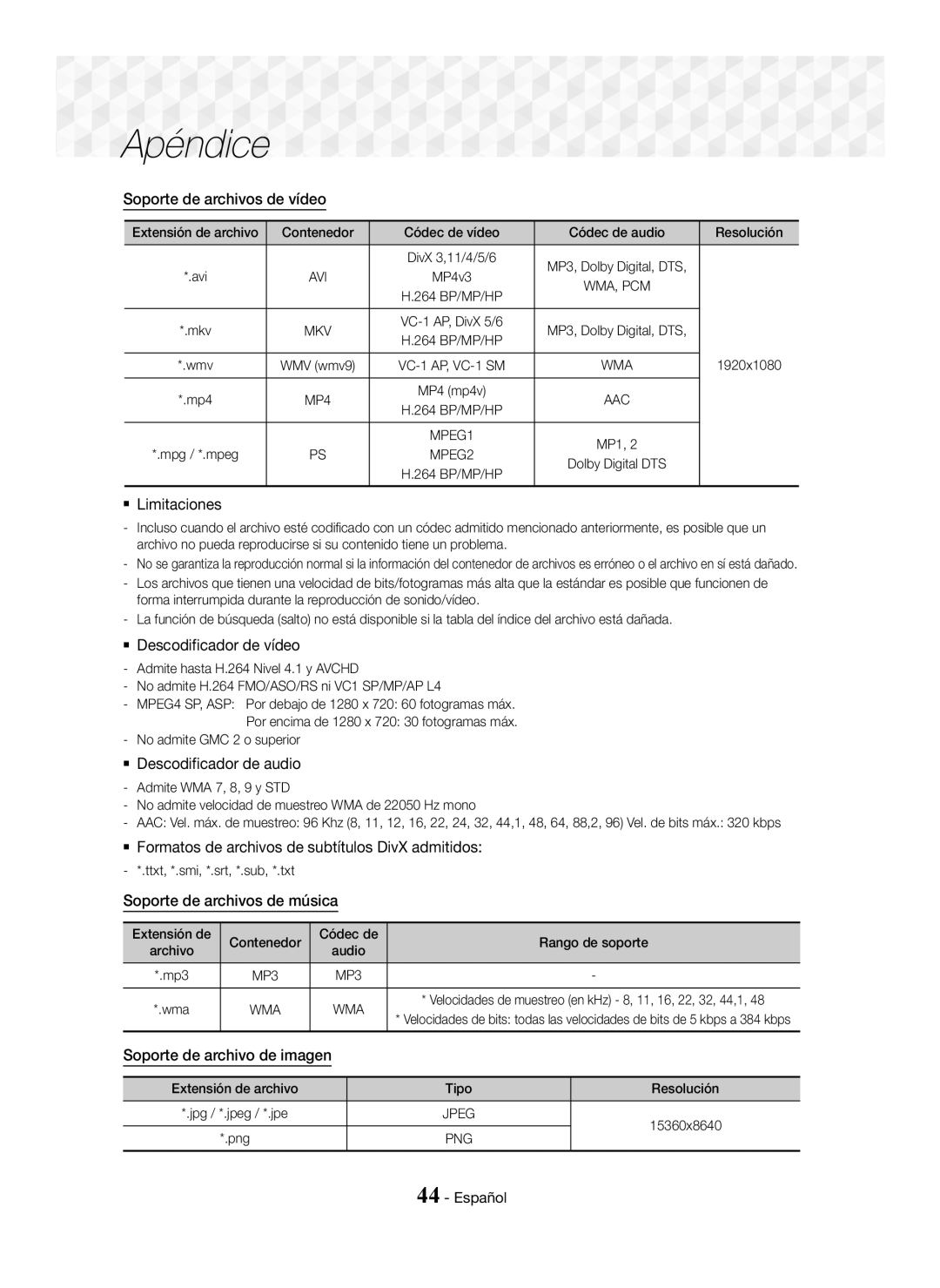 Samsung HT-J5550W/ZF Soporte de archivos de vídeo,  Limitaciones,  Descodificador de vídeo,  Descodificador de audio 