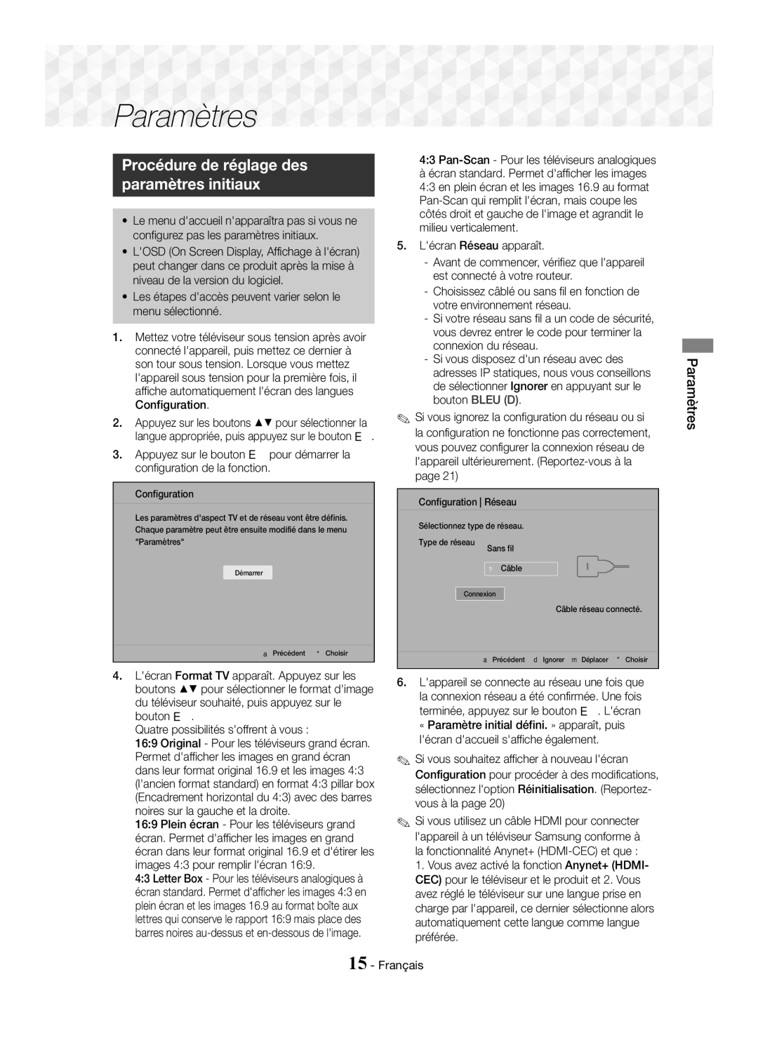 Samsung HT-J5550W/EN manual Procédure de réglage des Paramètres initiaux, Pan-Scan Pour les téléviseurs analogiques 