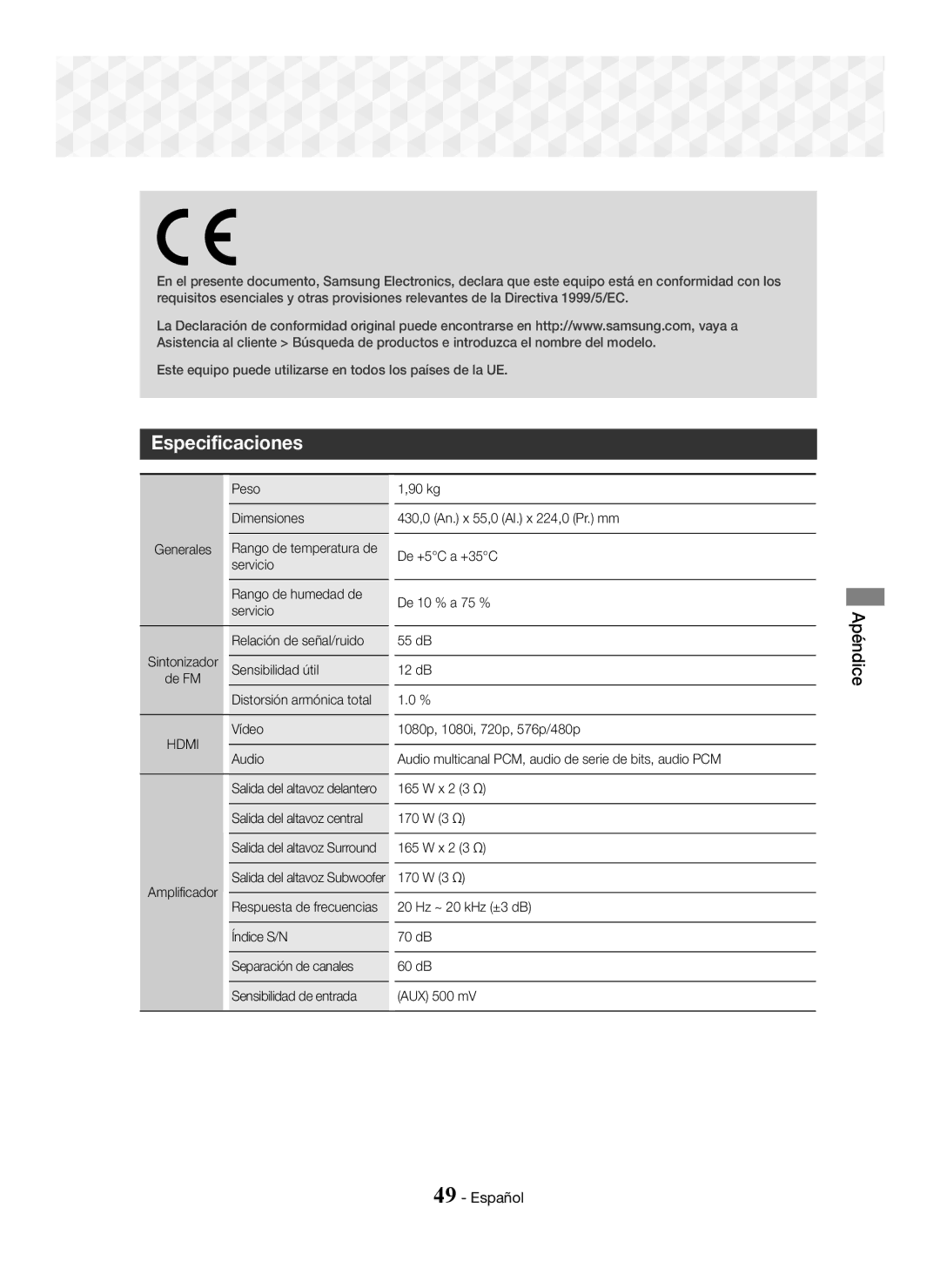 Samsung HT-J5550W/EN, HT-J5550W/ZF, HT-J5500/ZF manual Especificaciones, Hdmi 