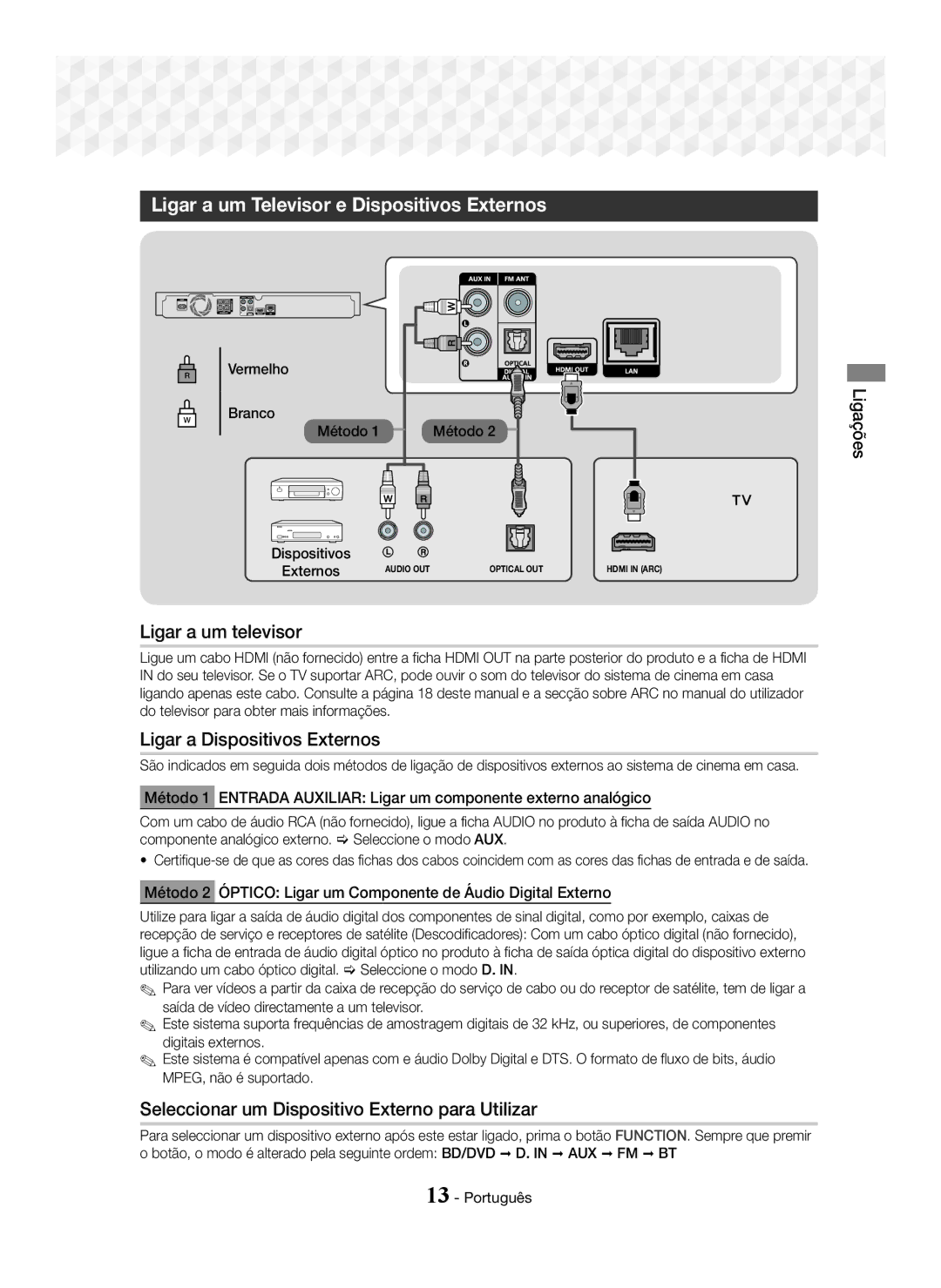 Samsung HT-J5550W/ZF Ligar a um Televisor e Dispositivos Externos, Ligar a um televisor, Ligar a Dispositivos Externos 