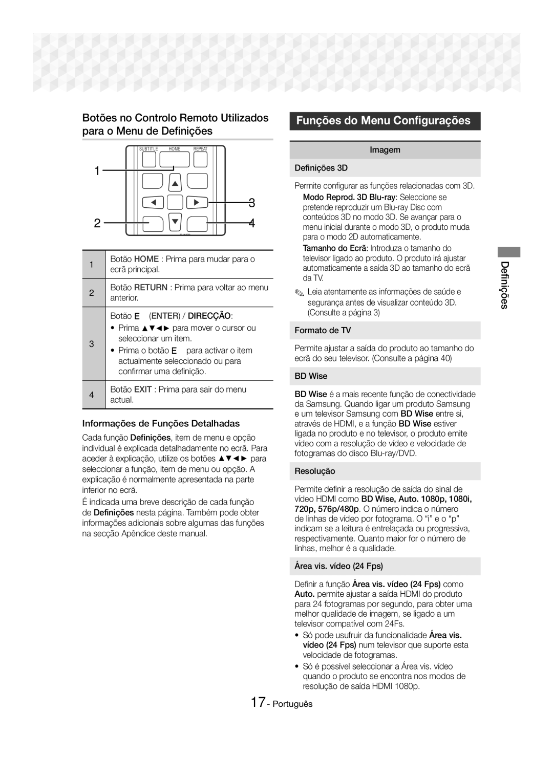 Samsung HT-J5500/ZF, HT-J5550W/EN, HT-J5550W/ZF manual Funções do Menu Configurações, Informações de Funções Detalhadas 