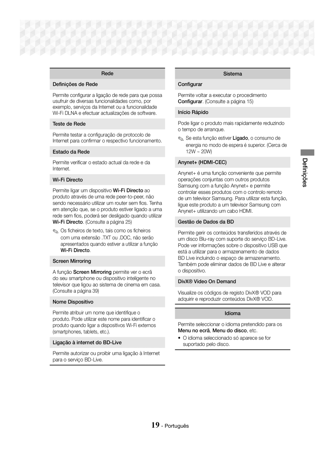 Samsung HT-J5550W/ZF, HT-J5550W/EN, HT-J5500/ZF manual Rede Definições de Rede, Teste de Rede, Gestão de Dados da BD 