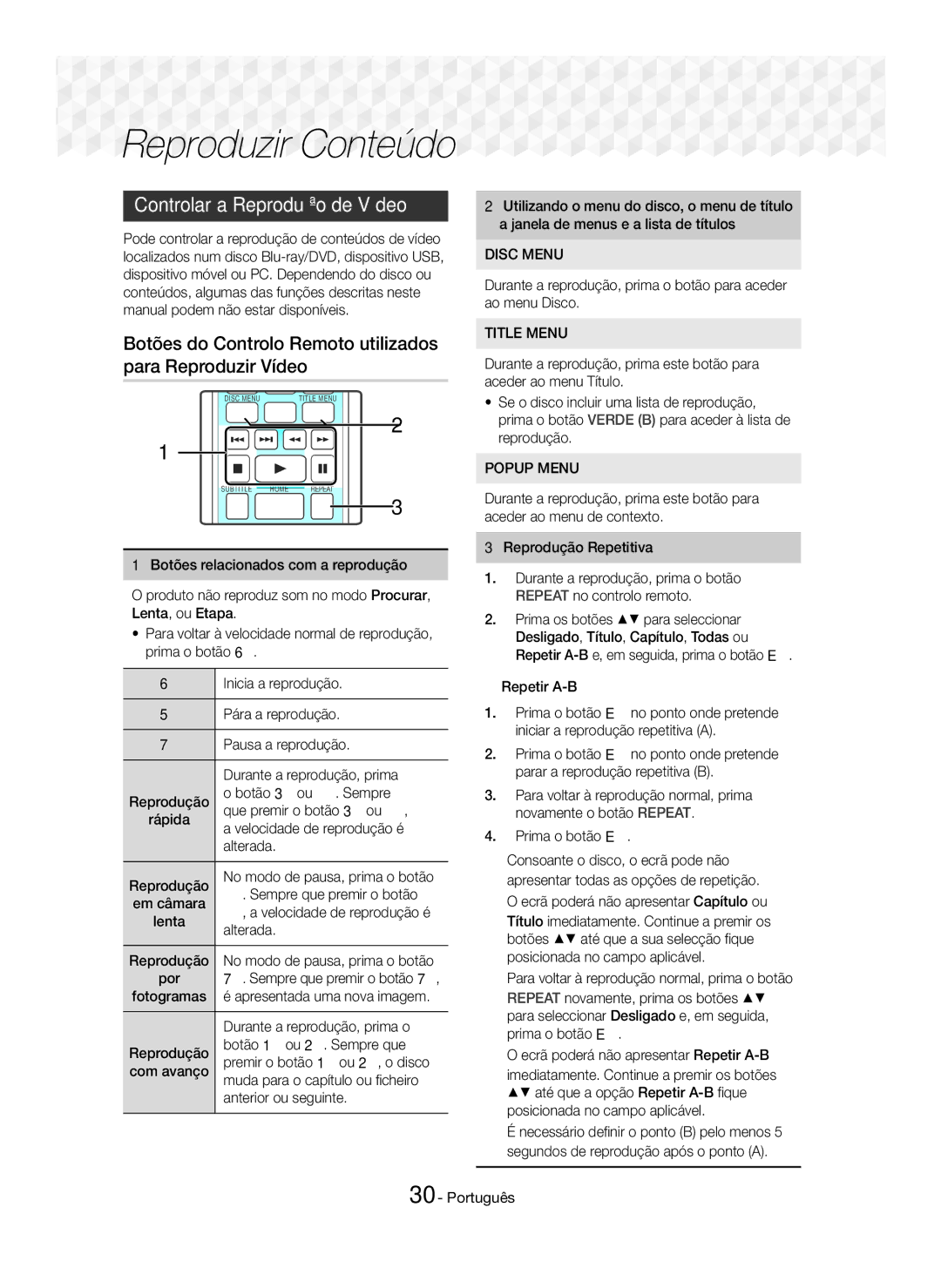 Samsung HT-J5550W/EN, HT-J5550W/ZF, HT-J5500/ZF manual Reproduzir Conteúdo, Controlar a Reprodução de Vídeo 