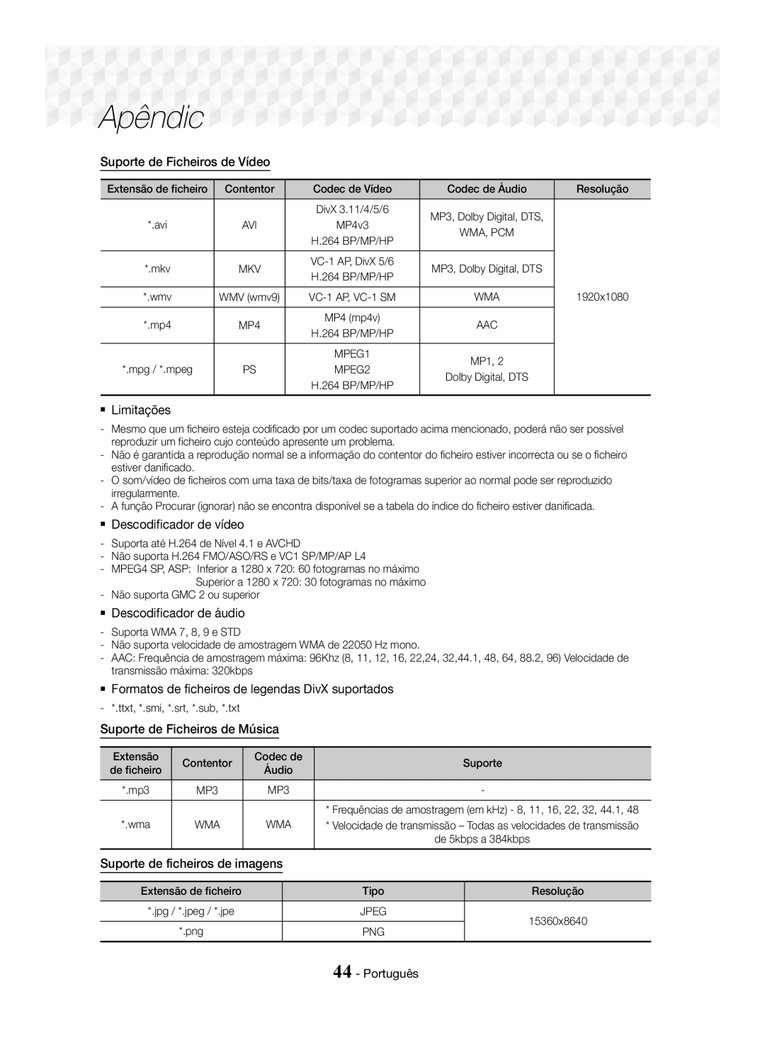 Samsung HT-J5500/ZF Suporte de Ficheiros de Vídeo,  Limitações,  Descodificador de áudio, Suporte de Ficheiros de Música 