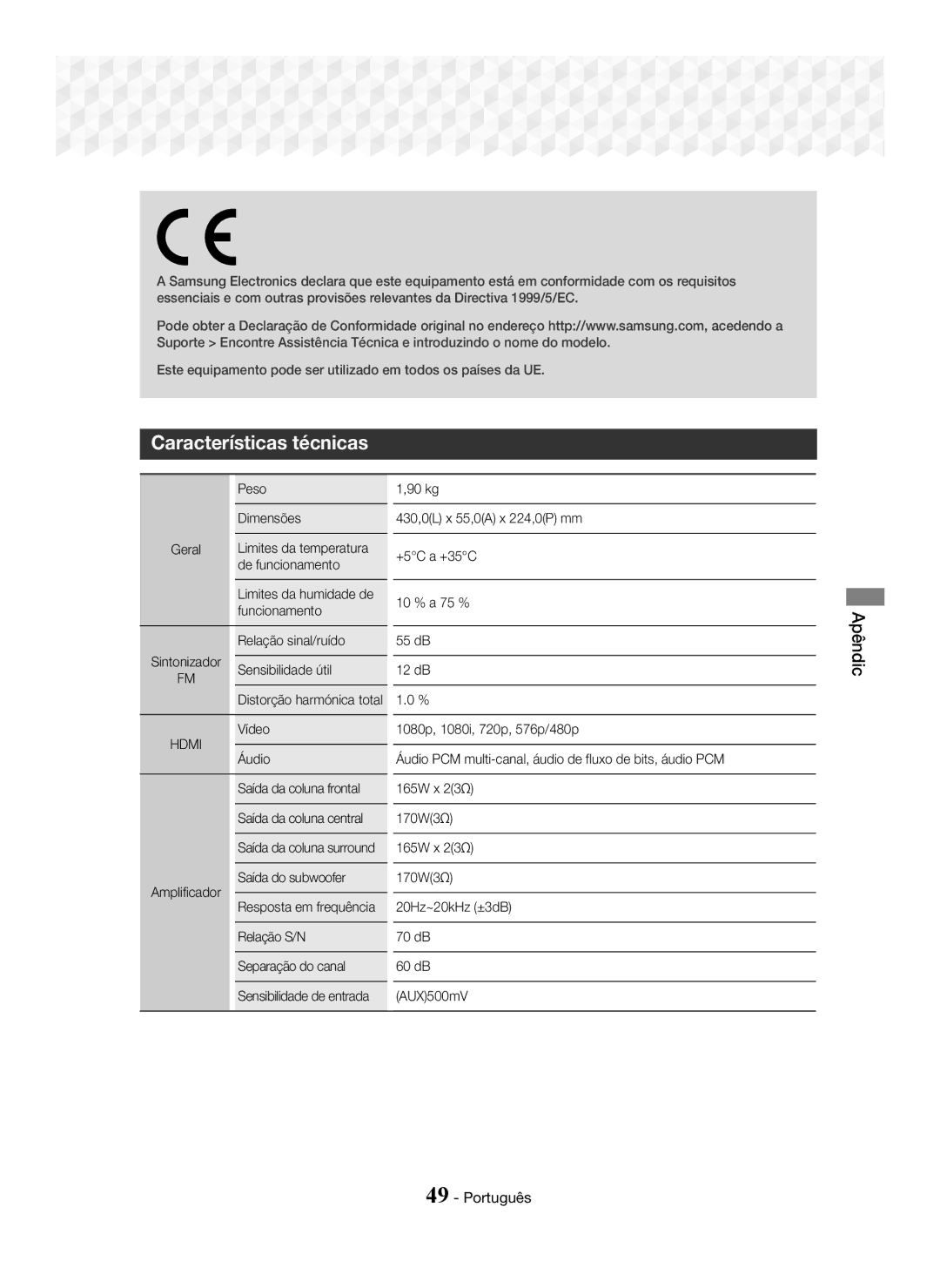 Samsung HT-J5550W/ZF, HT-J5550W/EN, HT-J5500/ZF manual Características técnicas 