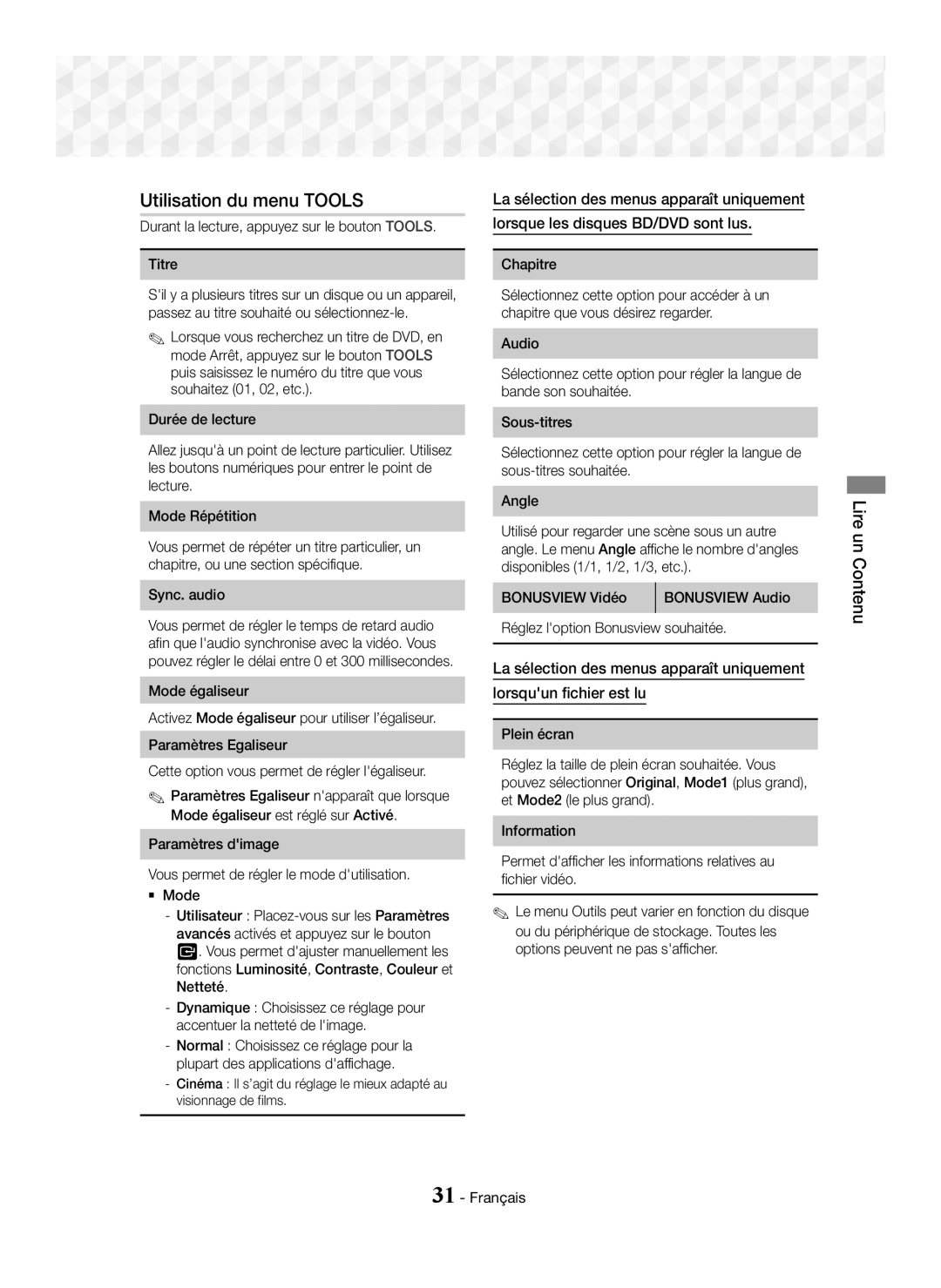 Samsung HT-J5550W/ZF manual Utilisation du menu Tools, Durant la lecture, appuyez sur le bouton Tools Titre, Chapitre 