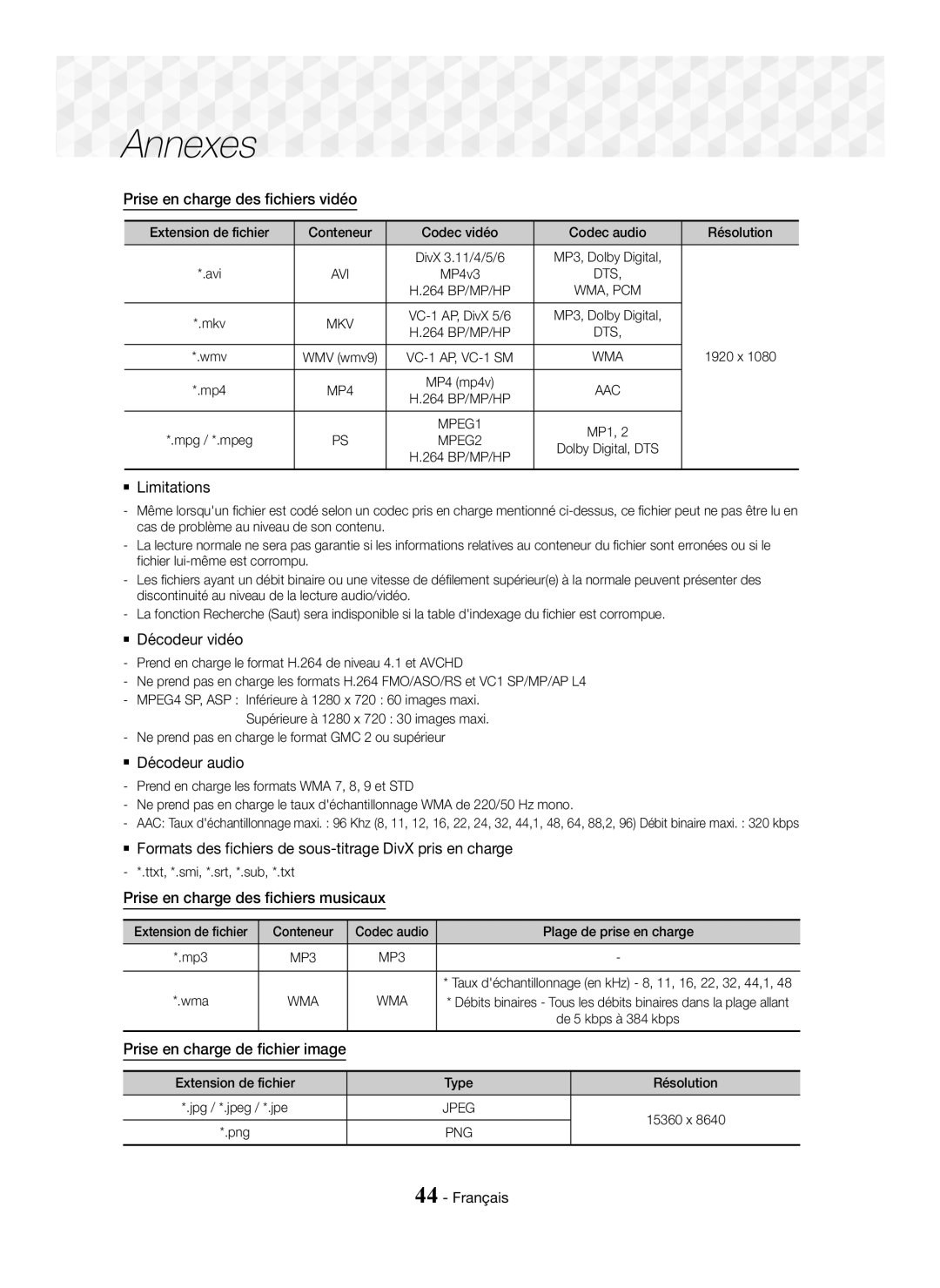 Samsung HT-J5500/ZF, HT-J5550W/EN Prise en charge des fichiers vidéo,  Limitations,  Décodeur vidéo,  Décodeur audio 