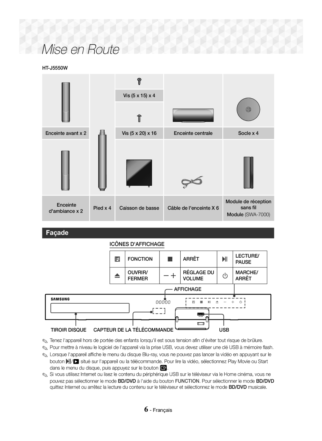 Samsung HT-J5550W/EN, HT-J5550W/ZF, HT-J5500/ZF manual Façade, Pied x, Tiroir Disque Capteur DE LA Télécommande, Usb 