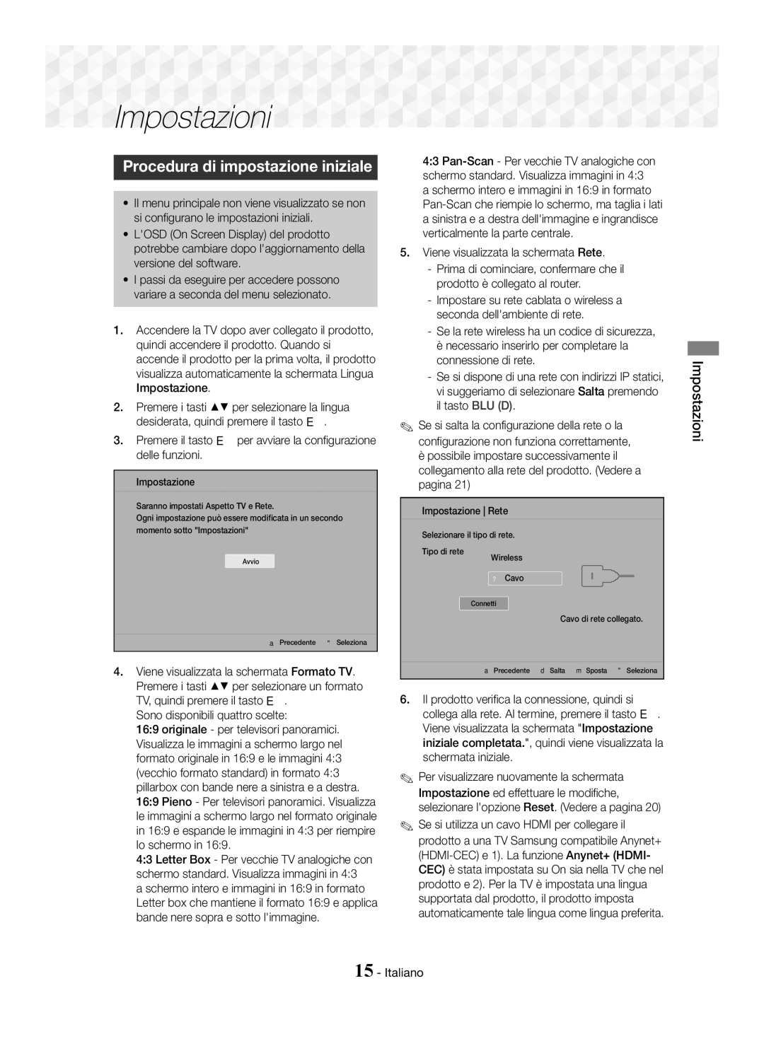 Samsung HT-J5550W/ZF, HT-J5550W/EN manual Impostazioni, Procedura di impostazione iniziale, Sono disponibili quattro scelte 