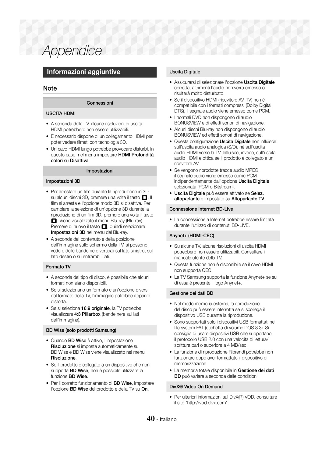 Samsung HT-J5500/ZF, HT-J5550W/EN, HT-J5550W/ZF manual Appendice, Informazioni aggiuntive, Connessioni 