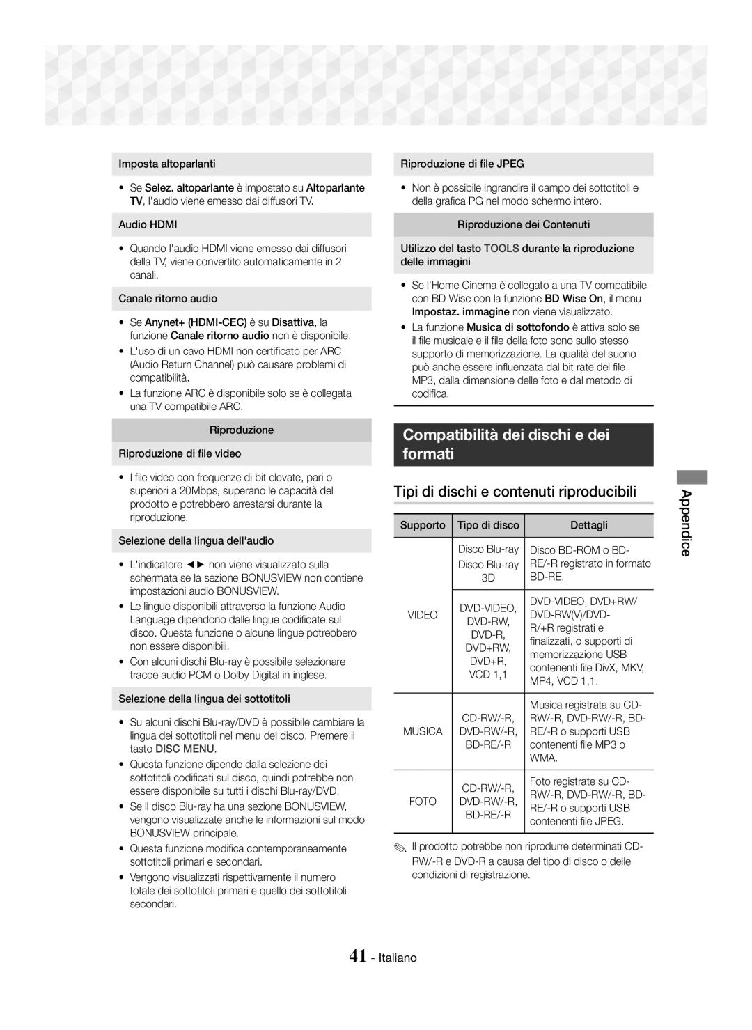 Samsung HT-J5550W/EN manual Compatibilità dei dischi e dei Formati, Tipi di dischi e contenuti riproducibili, Appendice 