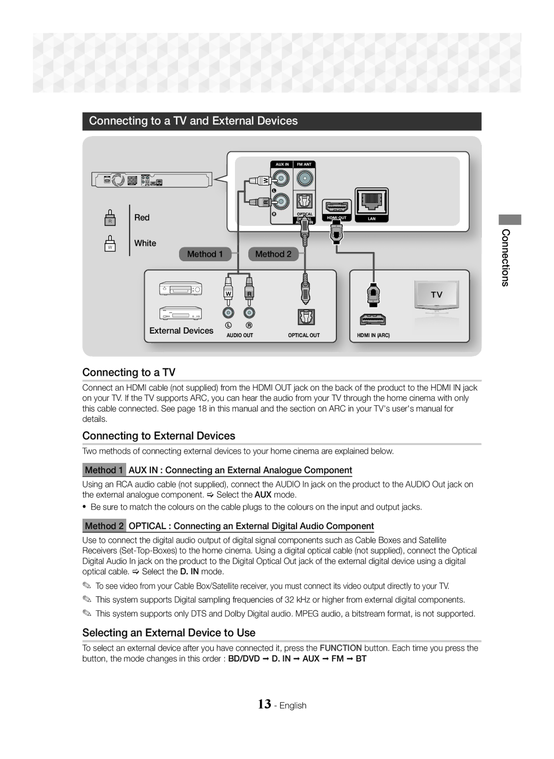 Samsung HT-J5550W/EN manual Connecting to a TV and External Devices, Connecting to External Devices 