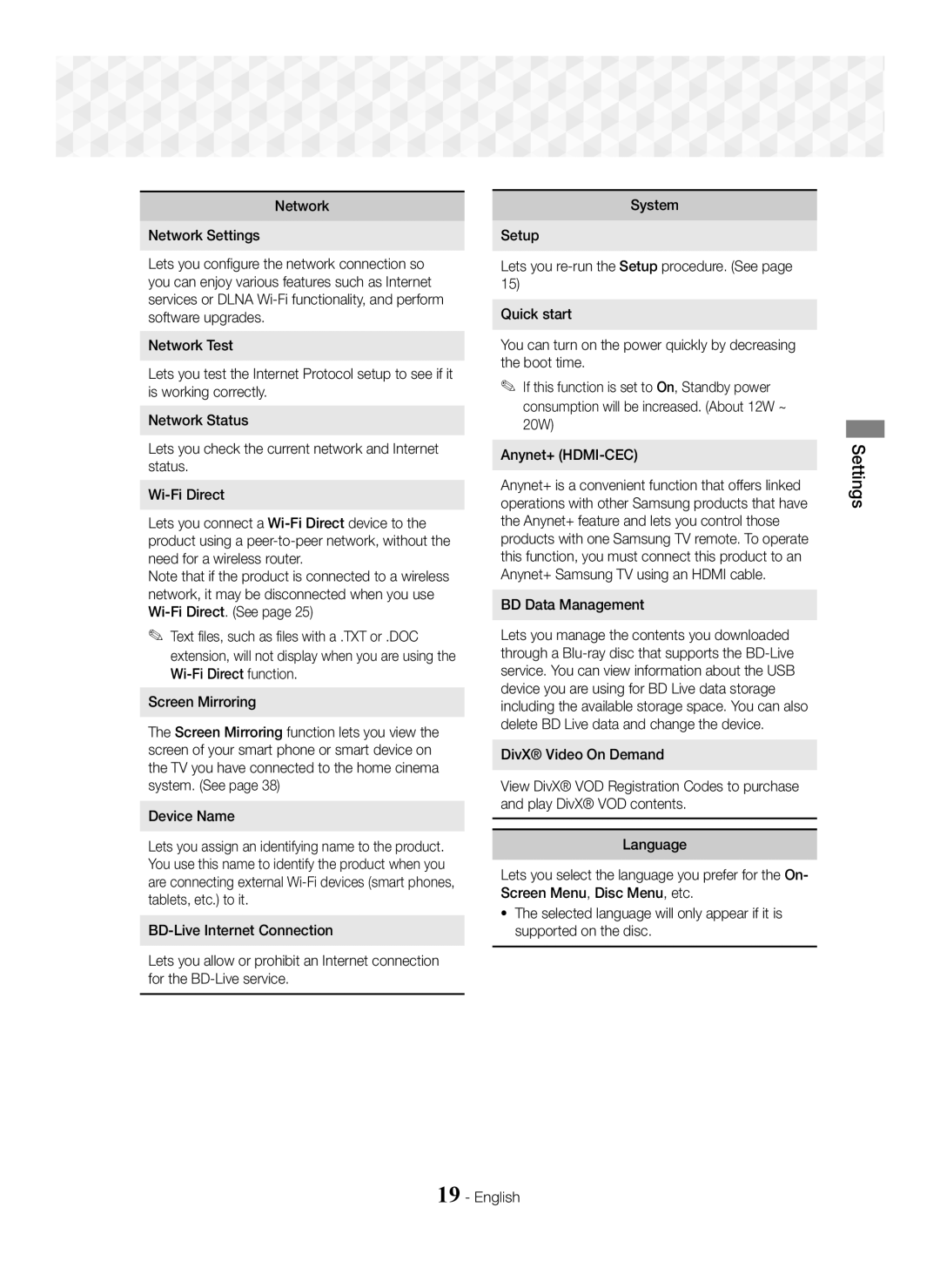 Samsung HT-J5550W/EN manual Network Network Settings, BD Data Management 