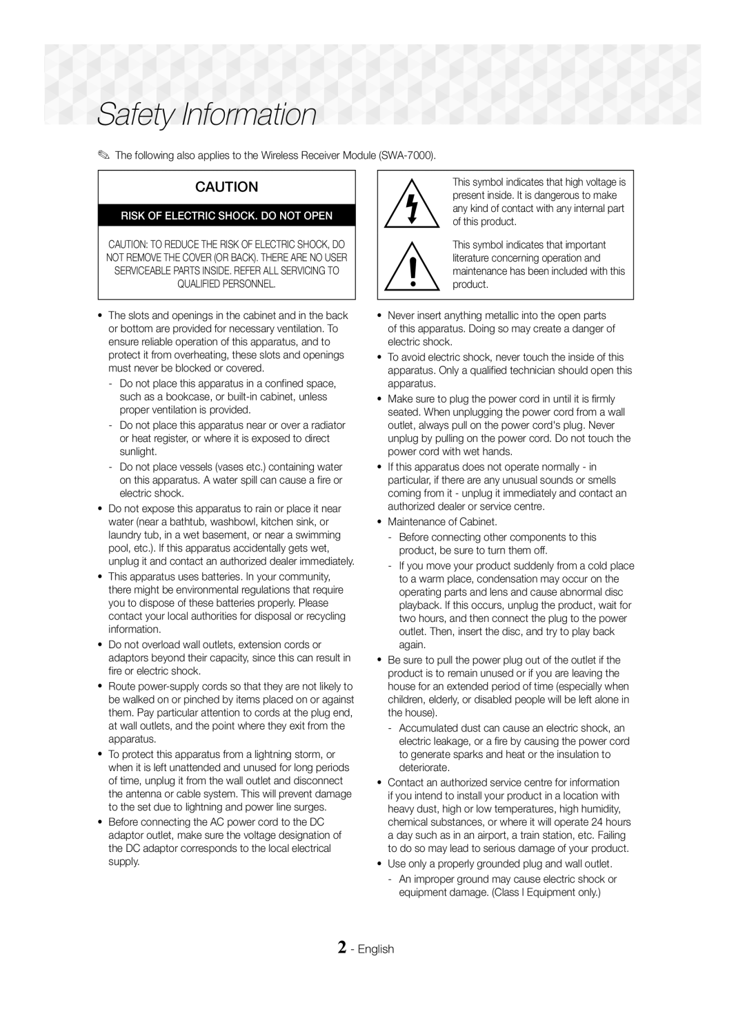 Samsung HT-J5550W/EN manual Safety Information, English 