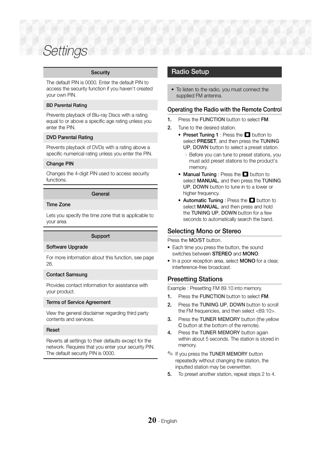 Samsung HT-J5550W/EN manual Radio Setup, Selecting Mono or Stereo, Presetting Stations, Press the MO/ST button 