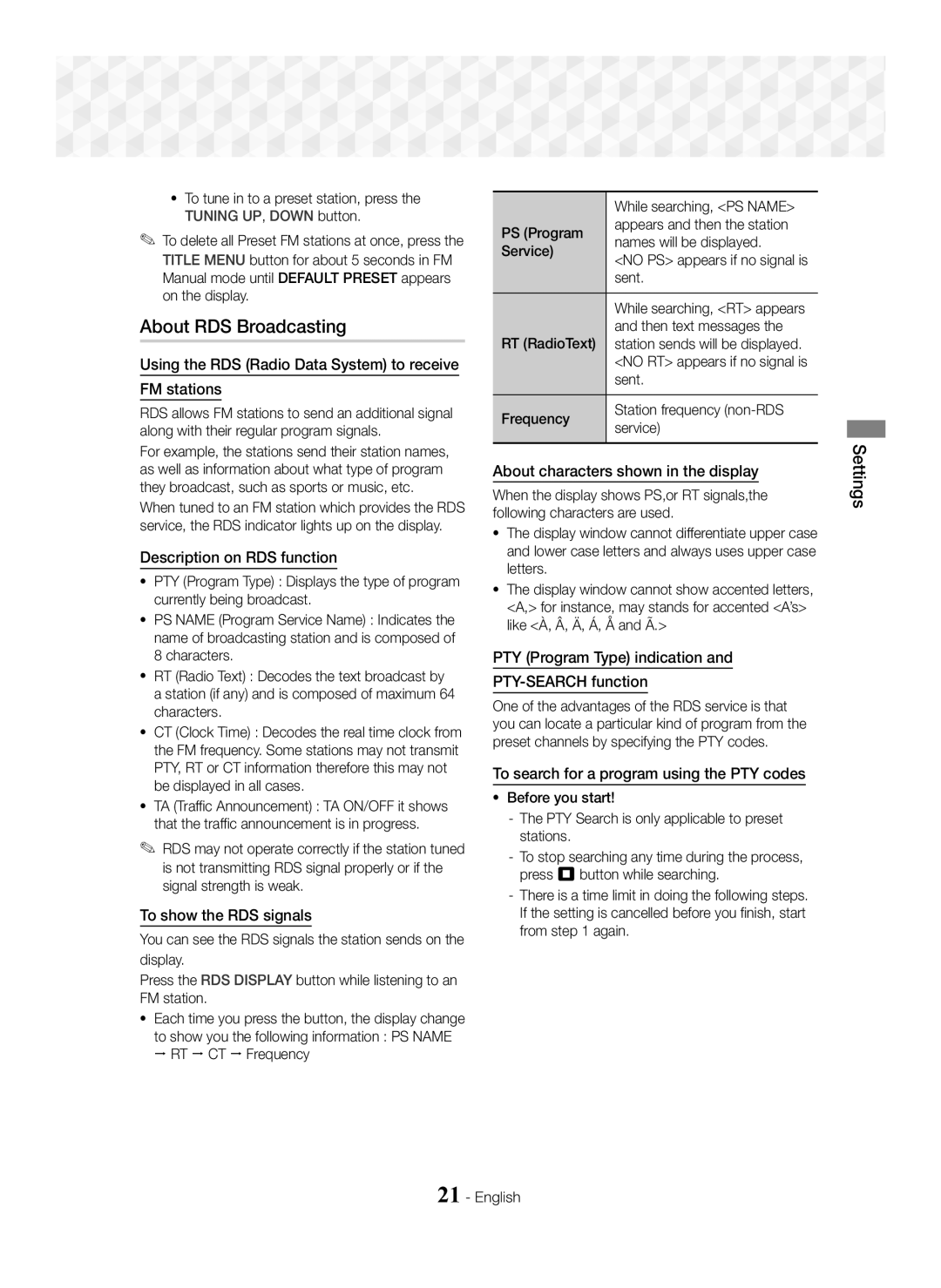 Samsung HT-J5550W/EN manual About RDS Broadcasting 