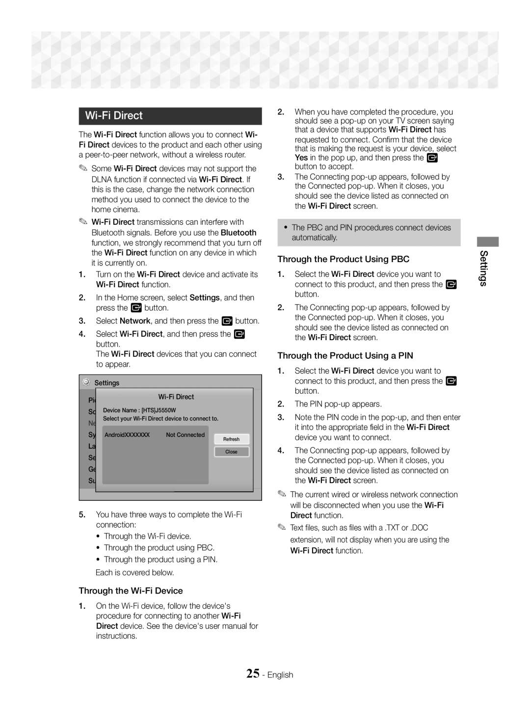 Samsung HT-J5550W/EN manual Wi-Fi Direct, Through the Product Using PBC, Through the Product Using a PIN 