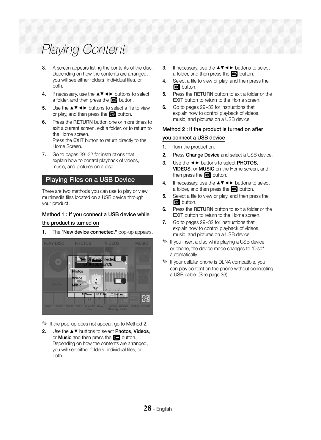 Samsung HT-J5550W/EN manual Playing Files on a USB Device, New device connected. pop-up appears 