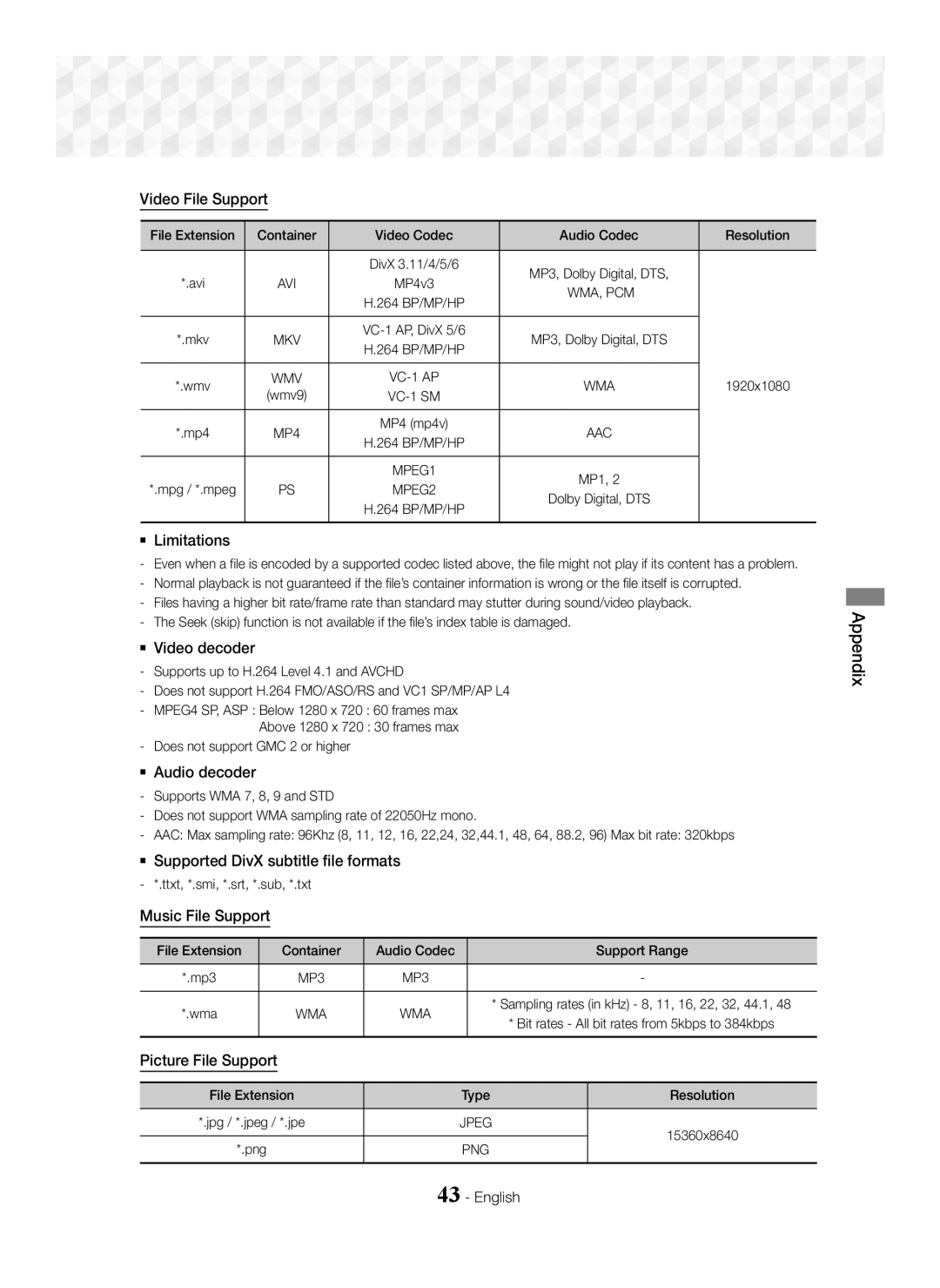 Samsung HT-J5550W/EN manual Video File Support,  Limitations,  Video decoder,  Audio decoder, Music File Support 