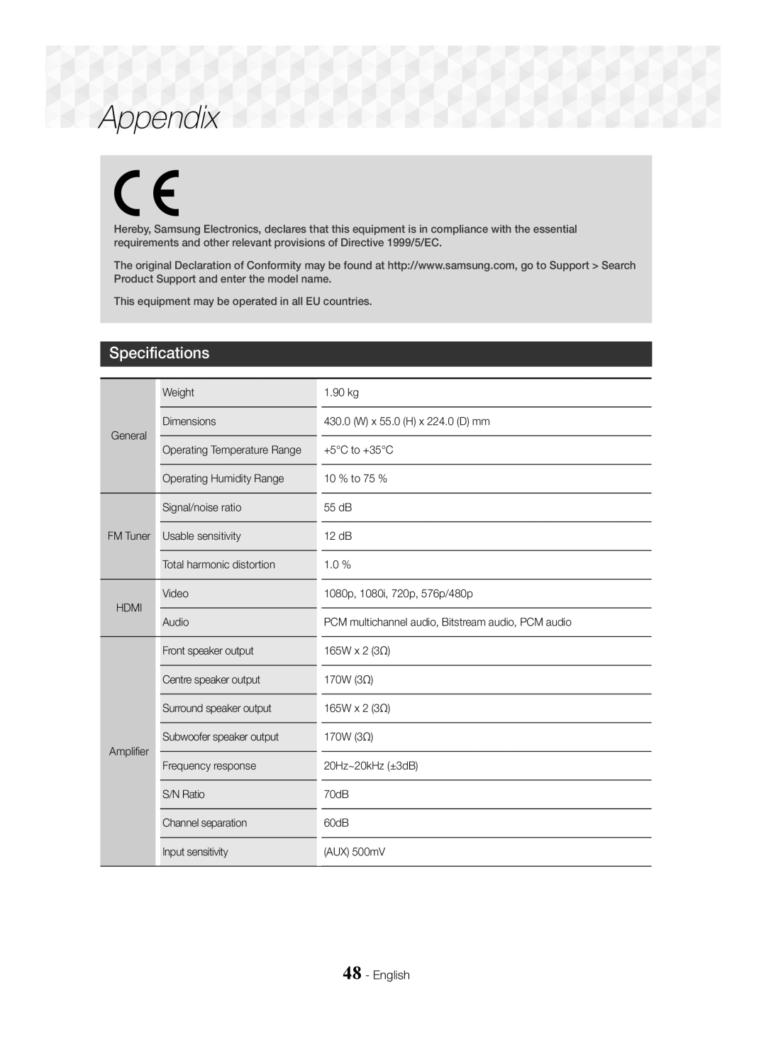 Samsung HT-J5550W/EN manual Specifications, Hdmi 