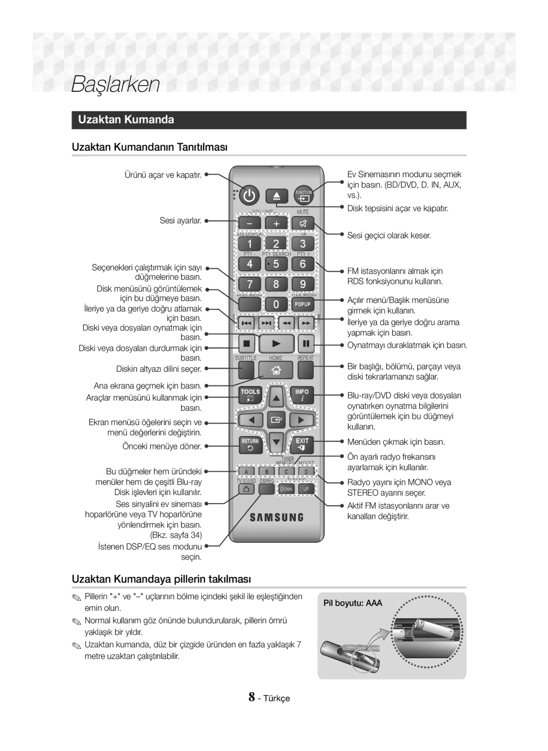 Samsung HT-J5550W/EN manual Uzaktan Kumandanın Tanıtılması, Uzaktan Kumandaya pillerin takılması 