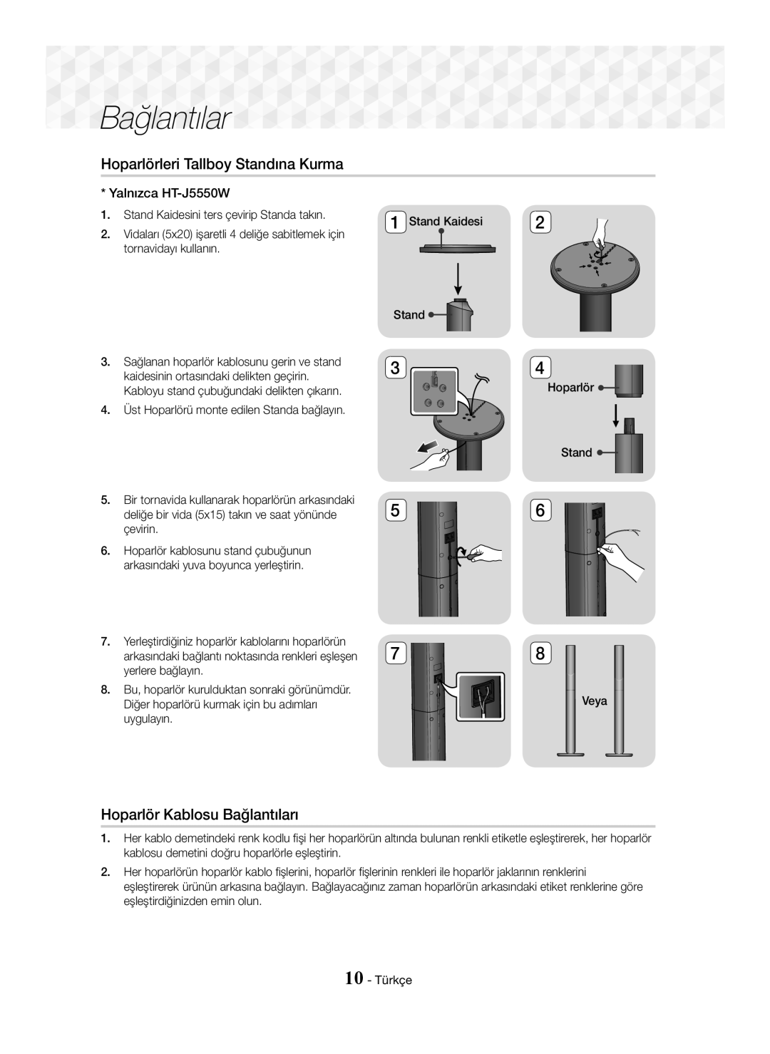 Samsung HT-J5550W/EN manual Hoparlörleri Tallboy Standına Kurma, Hoparlör Kablosu Bağlantıları, Yalnızca HT-J5550W 