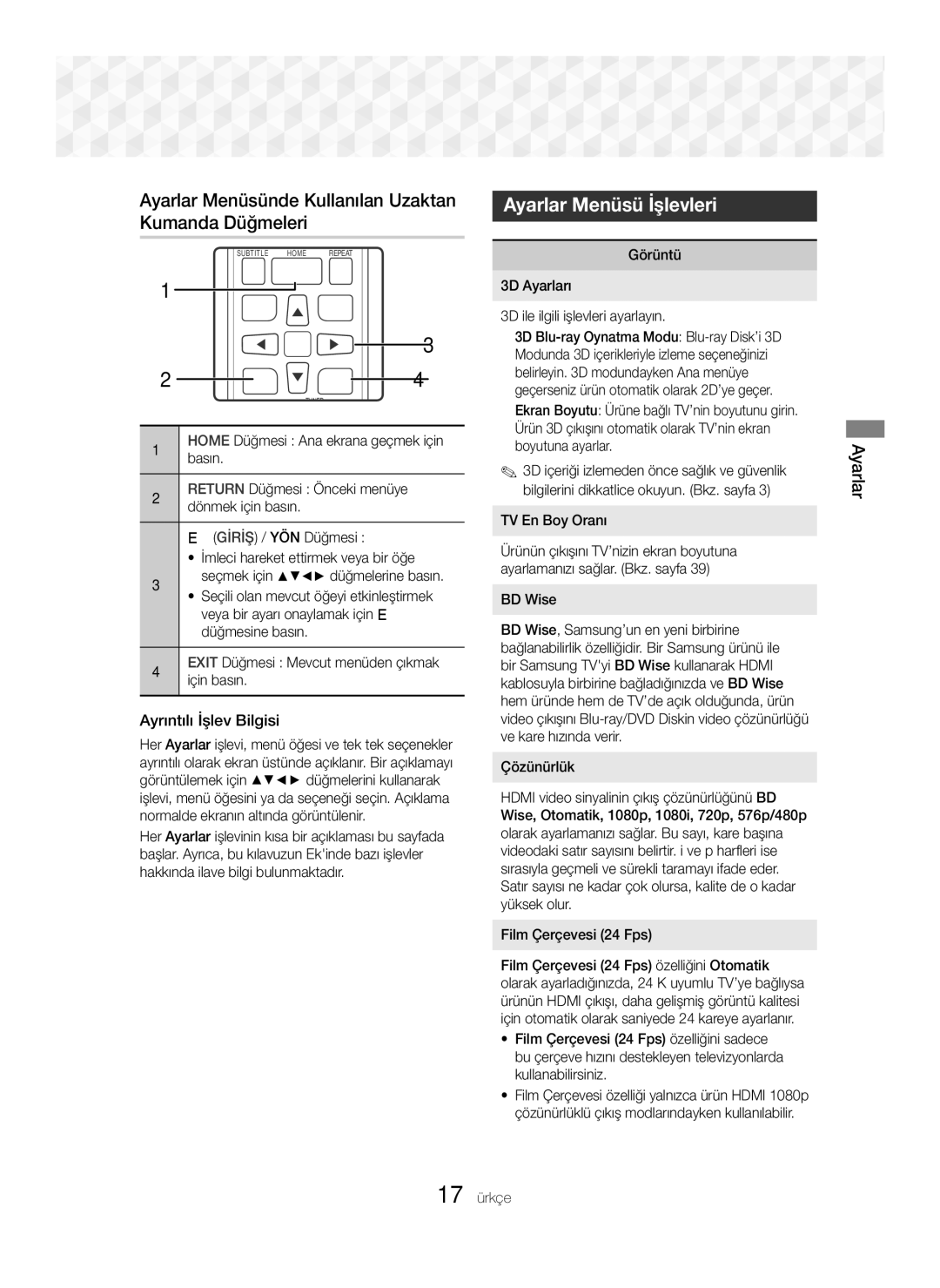 Samsung HT-J5550W/EN manual Ayarlar Menüsünde Kullanılan Uzaktan Kumanda Düğmeleri, Ayarlar Menüsü İşlevleri 