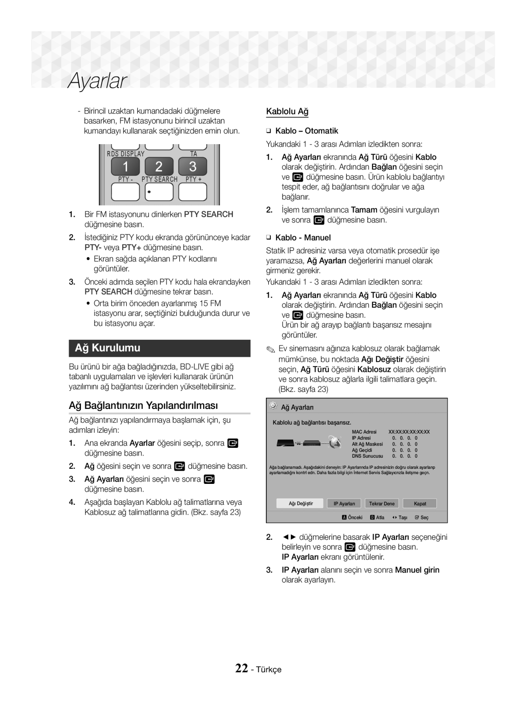 Samsung HT-J5550W/EN manual Ağ Kurulumu, Ağ Bağlantınızın Yapılandırılması, Kablolu Ağ, Ağ Ayarları 