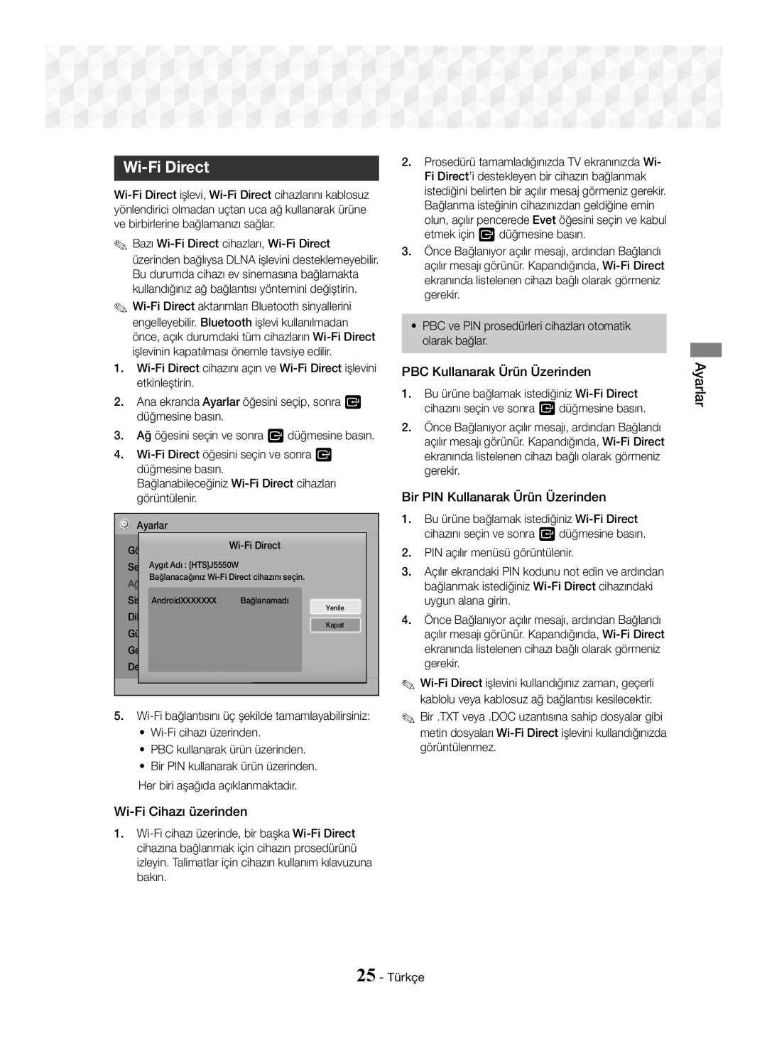 Samsung HT-J5550W/EN manual Wi-Fi Direct, Wi-Fi Cihazı üzerinden, PBC Kullanarak Ürün Üzerinden 