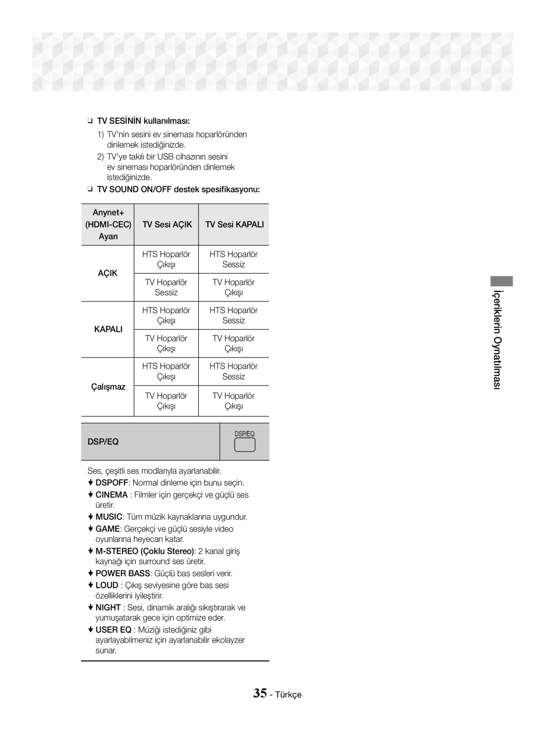 Samsung HT-J5550W/EN manual TV Sesİnİn kullanılması, TV Sound ON/OFF destek spesifikasyonu Anynet+ TV Sesi Açik, 35 Türkçe 