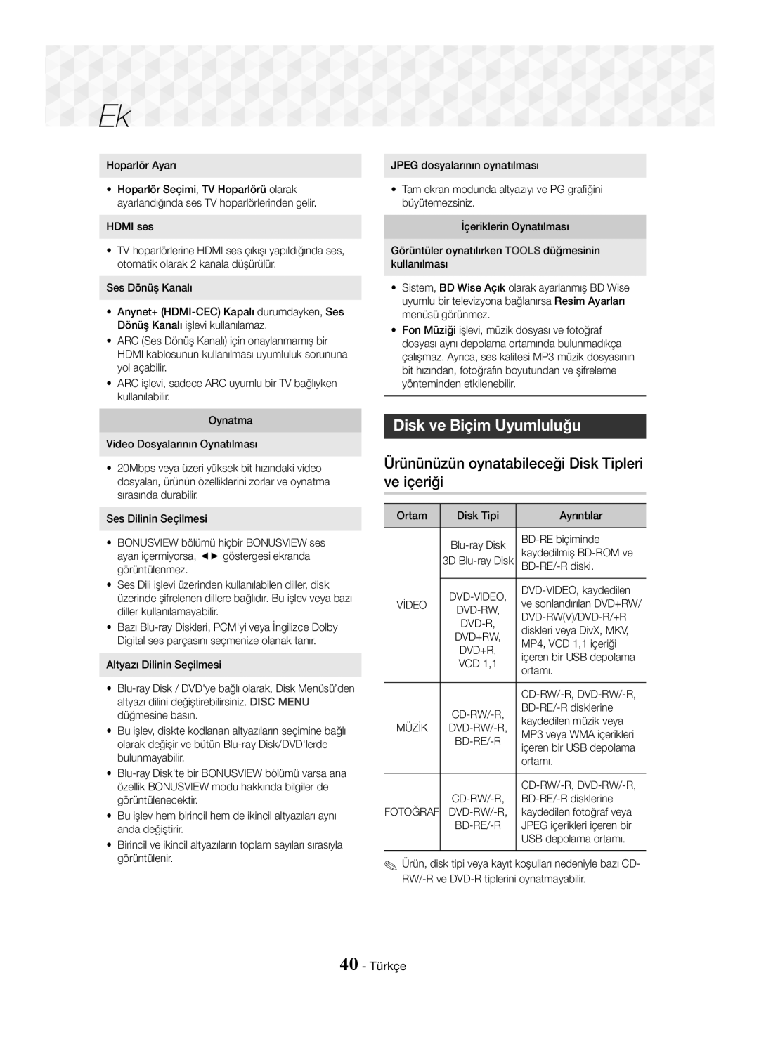 Samsung HT-J5550W/EN manual Disk ve Biçim Uyumluluğu, Ürününüzün oynatabileceği Disk Tipleri ve içeriği, 40 Türkçe 