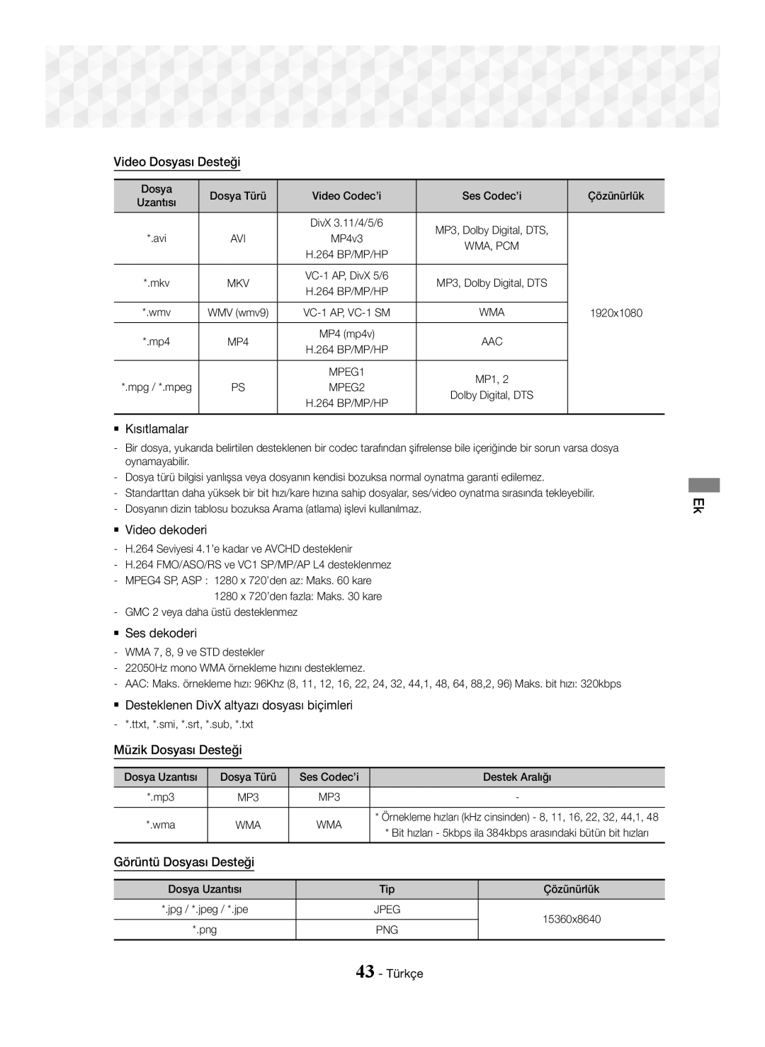 Samsung HT-J5550W/EN manual Video Dosyası Desteği,  Kısıtlamalar,  Video dekoderi,  Ses dekoderi, Müzik Dosyası Desteği 