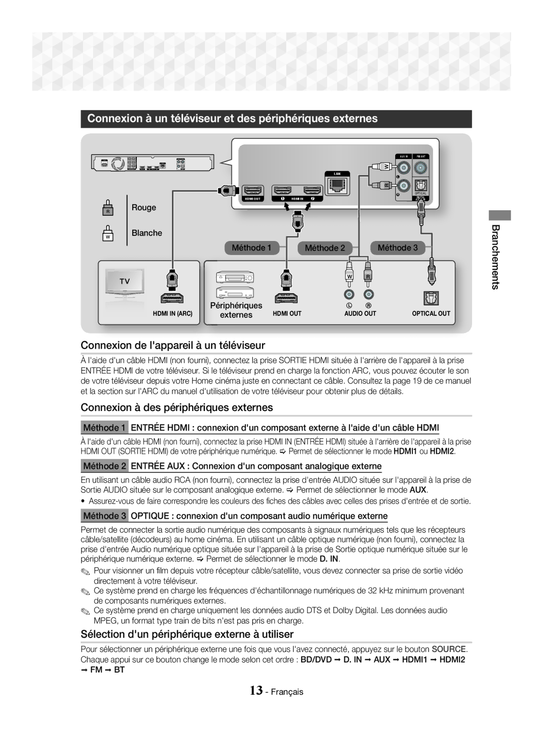 Samsung HT-J7750W/ZF manual Connexion à un téléviseur et des périphériques externes, Connexion de lappareil à un téléviseur 