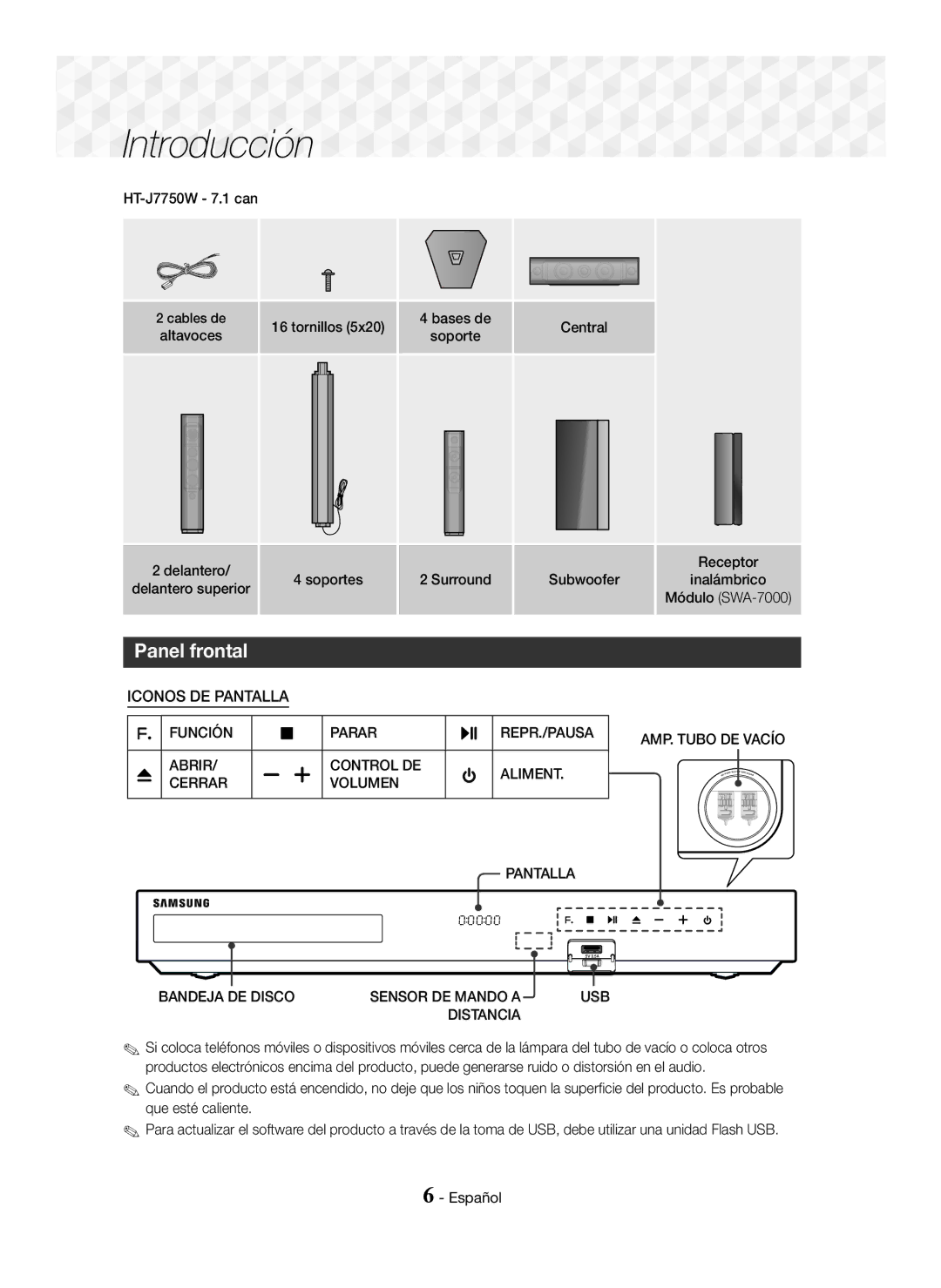 Samsung HT-J7500W/ZF, HT-J7750W/ZF manual Panel frontal, Soportes, HT-J7750W 7.1 can 