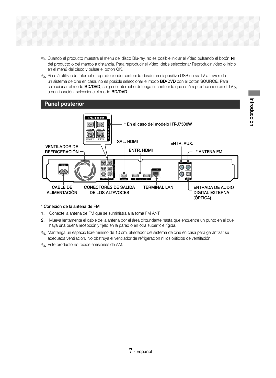 Samsung HT-J7750W/ZF manual Panel posterior, En el caso del modelo HT-J7500W, Este producto no recibe emisiones de AM 