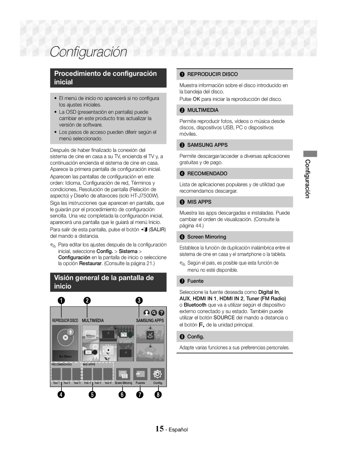 Samsung HT-J7750W/ZF manual Procedimiento de configuración Inicial, Visión general de la pantalla de Inicio, Configuración 