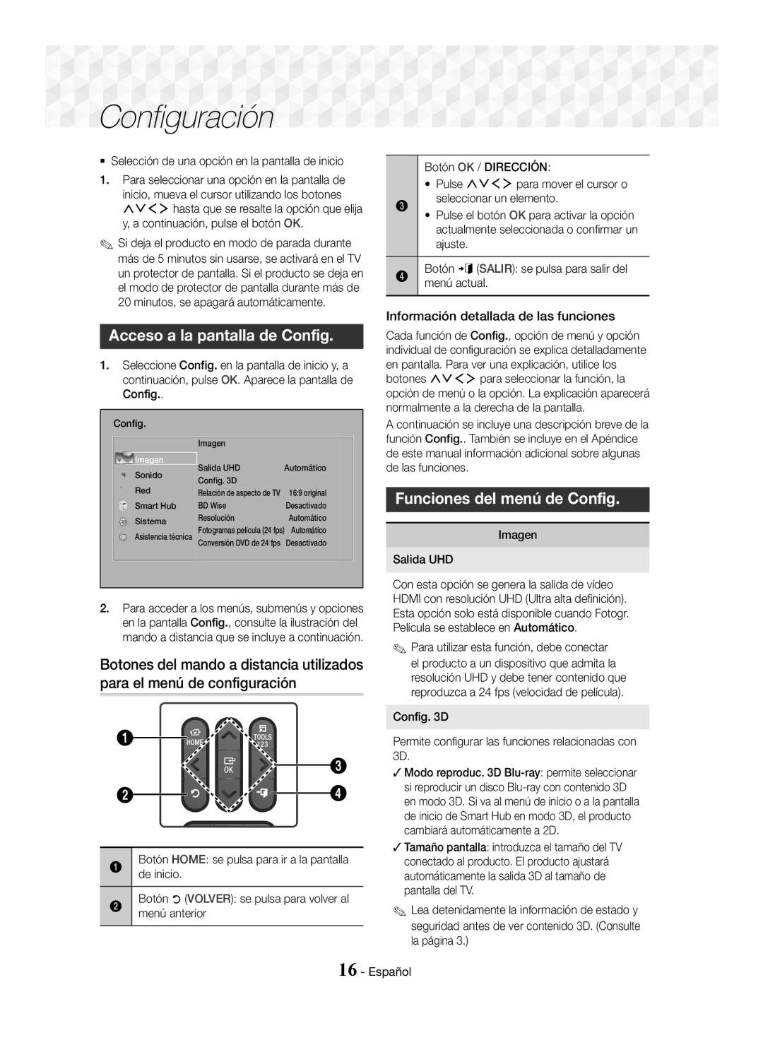 Samsung HT-J7500W/ZF Acceso a la pantalla de Config, Funciones del menú de Config, Información detallada de las funciones 