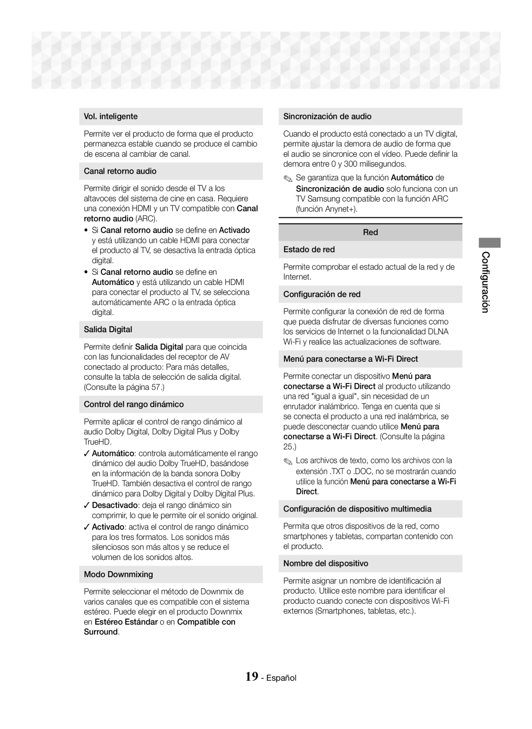 Samsung HT-J7750W/ZF, HT-J7500W/ZF manual Vol. inteligente, Menú para conectarse a Wi-Fi Direct 