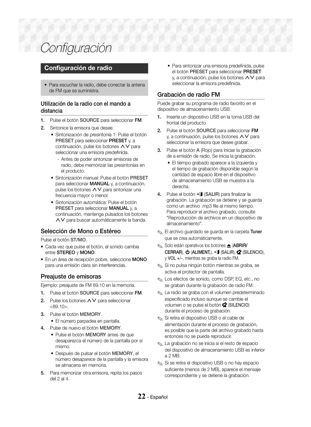 Samsung HT-J7500W/ZF Configuración de radio, Selección de Mono o Estéreo, Preajuste de emisoras, Grabación de radio FM 